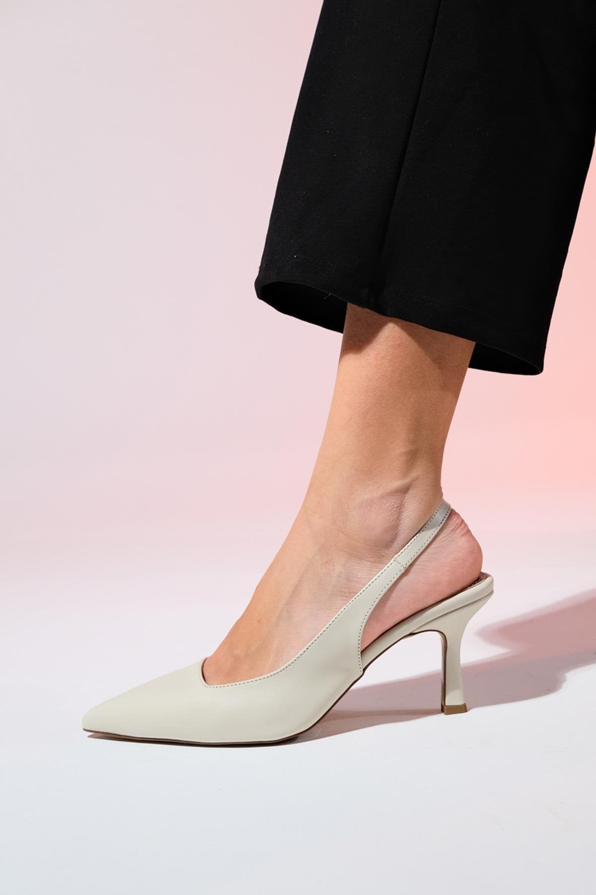 Flem - Ecru Pointed Toe Backless Stiletto Pump – detail view showing leather, SimmiUnique
