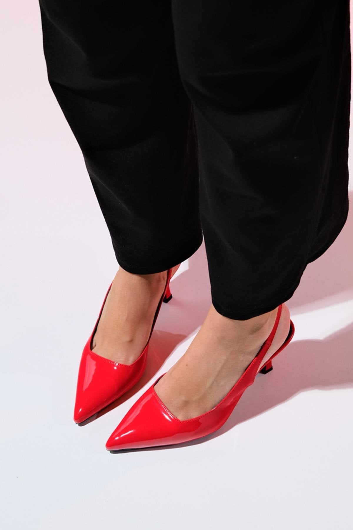 Flem - Red Patent Pointed Toe Backless Stiletto Pump – detail view showing leather, red, SimmiUnique