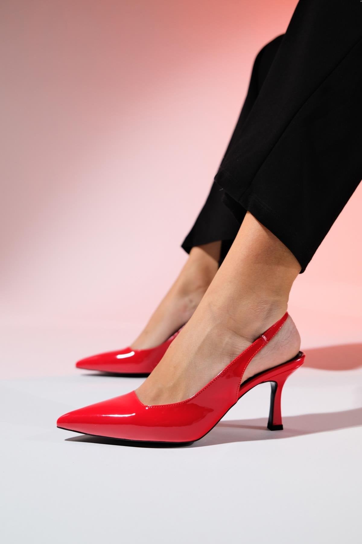 Flem - Red Patent Pointed Toe Backless Stiletto Pump – heel view showing leather, red, SimmiUnique