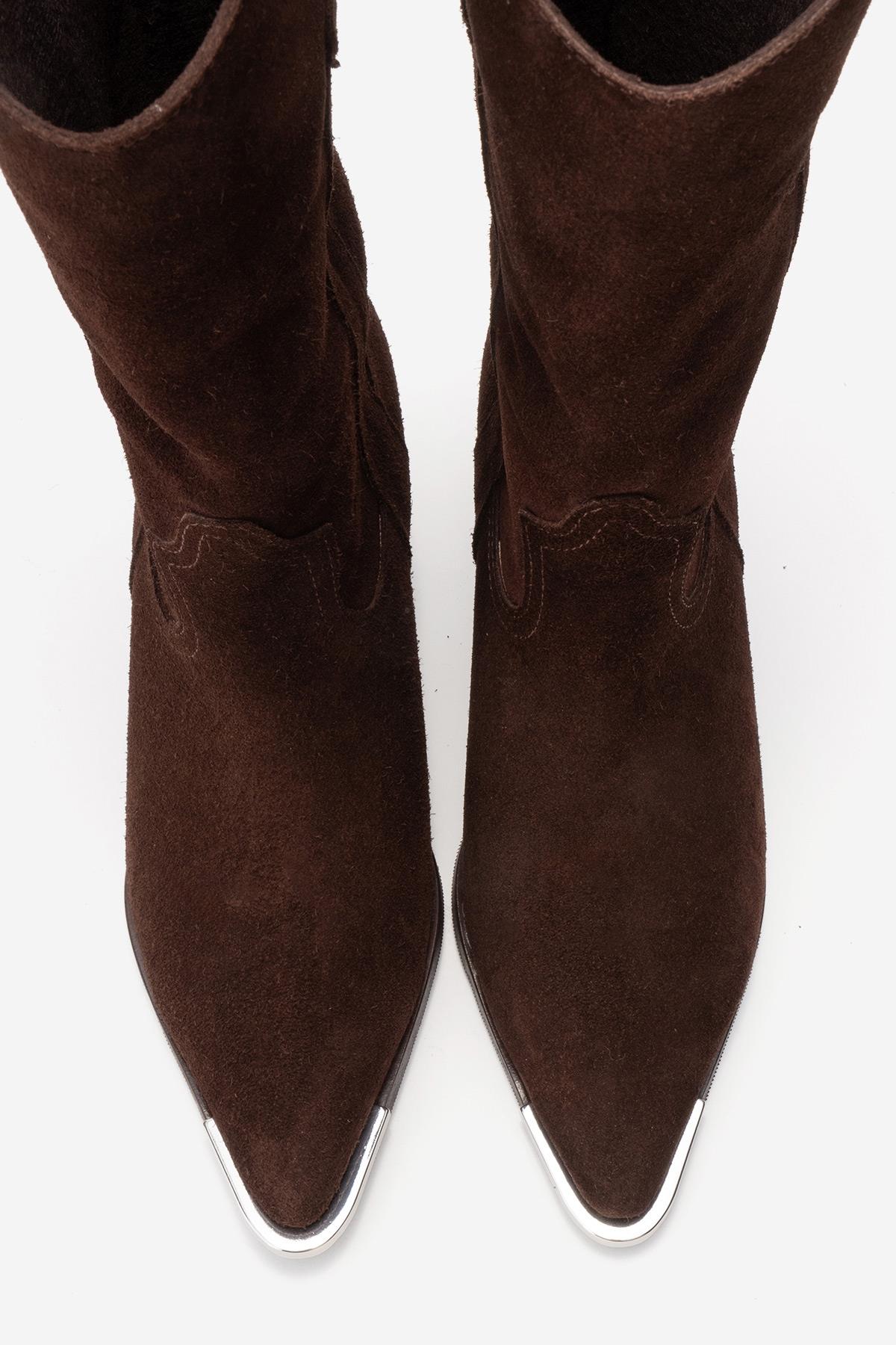 ALVI - Brown Genuine Suede Block Heel Western Boot – side view showing leather, suede, SimmiUnique
