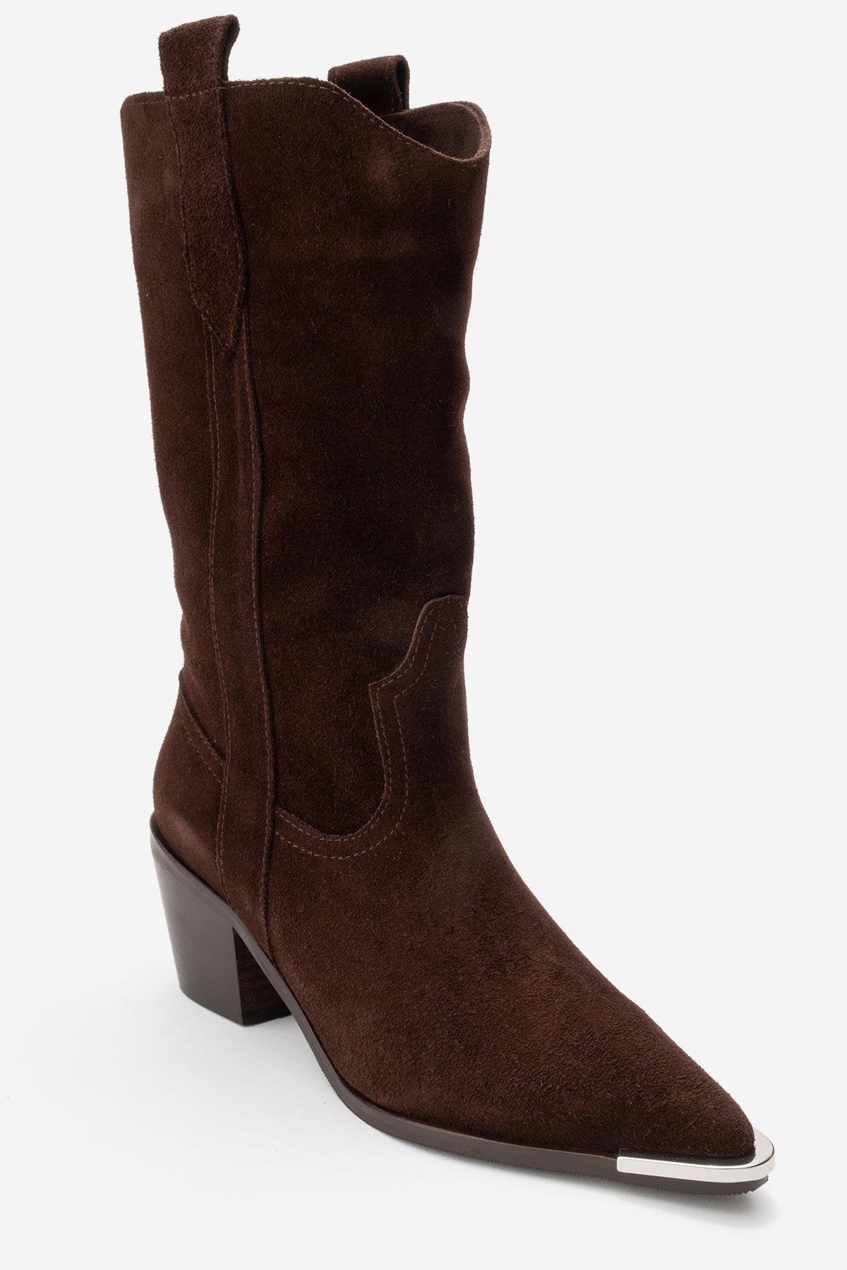 ALVI - Brown Genuine Suede Block Heel Western Boot – detail view showing leather, suede, SimmiUnique
