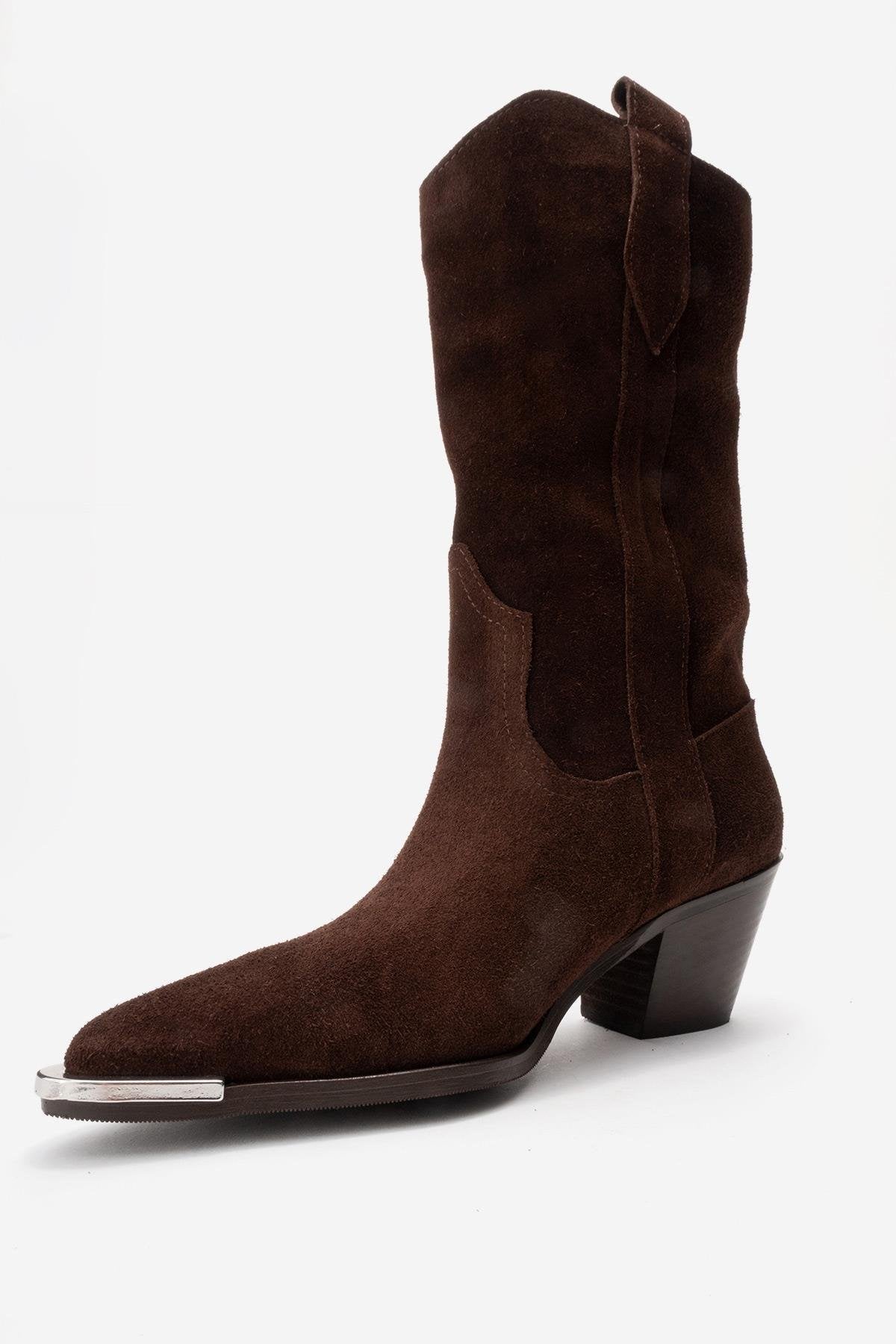 ALVI - Brown Genuine Suede Block Heel Western Boot – heel view showing leather, suede, SimmiUnique