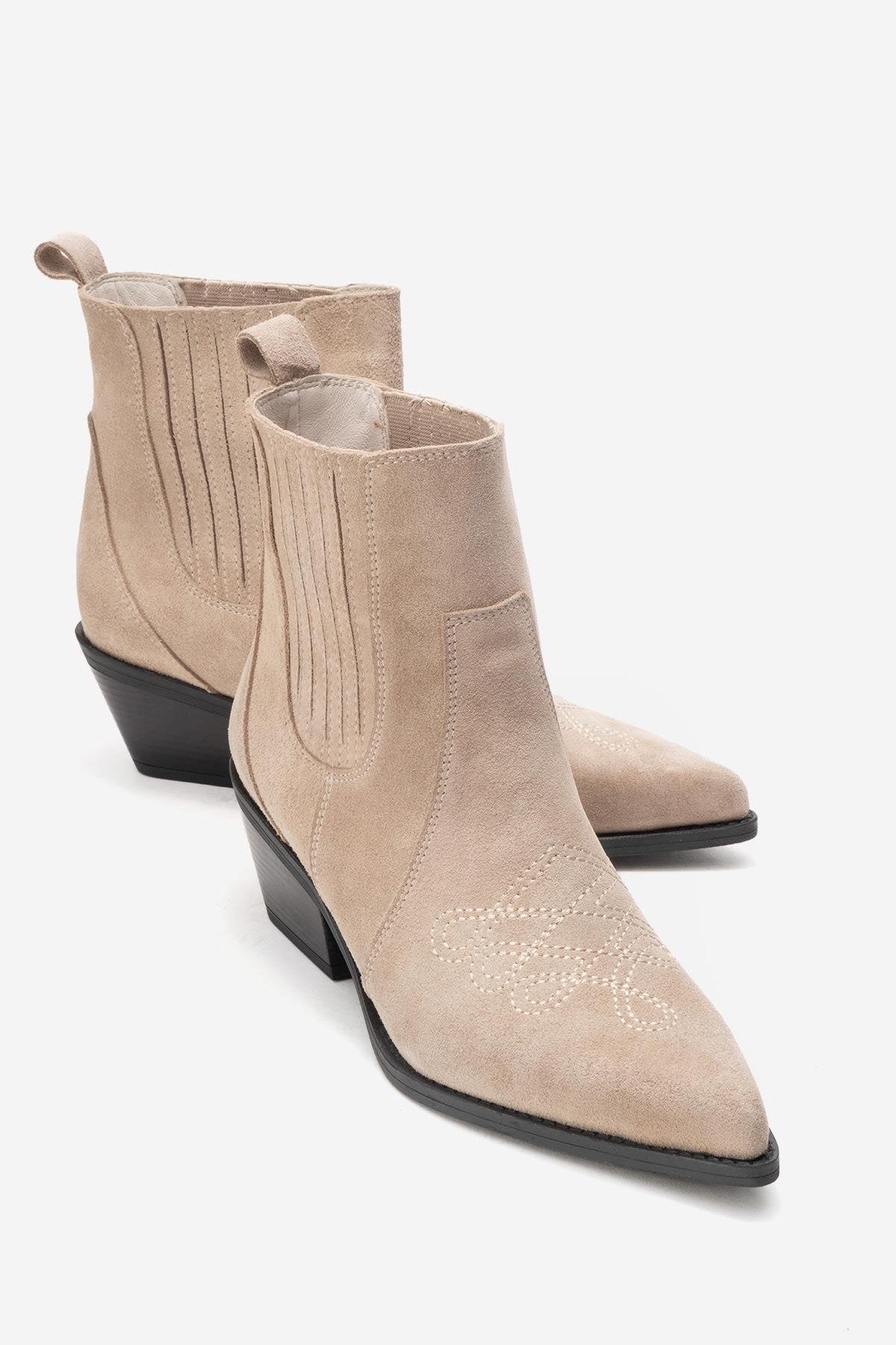 JULIETA - Beige Genuine Suede Leather Block Heel Western Boot – front three-quarter view showing leather, suede, SimmiUnique