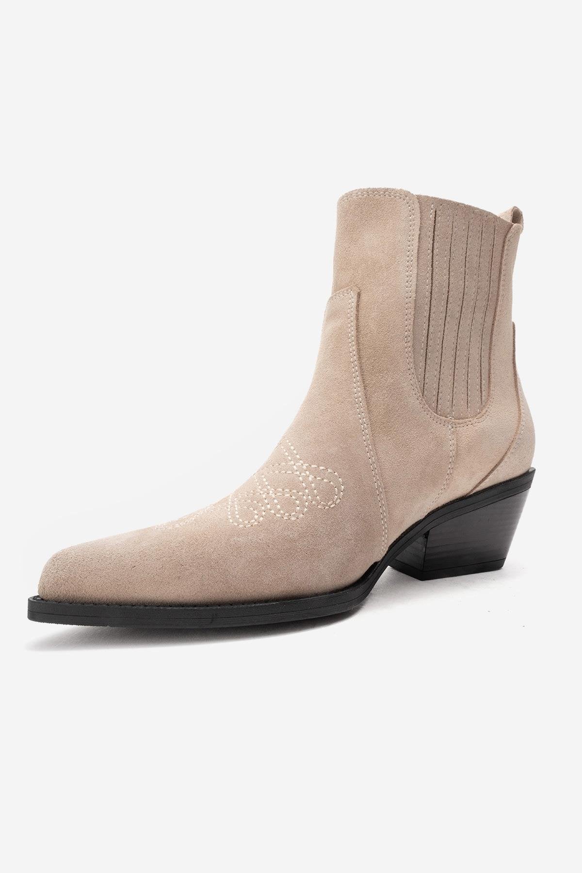 JULIETA - Beige Genuine Suede Leather Block Heel Western Boot – heel view showing leather, suede, SimmiUnique