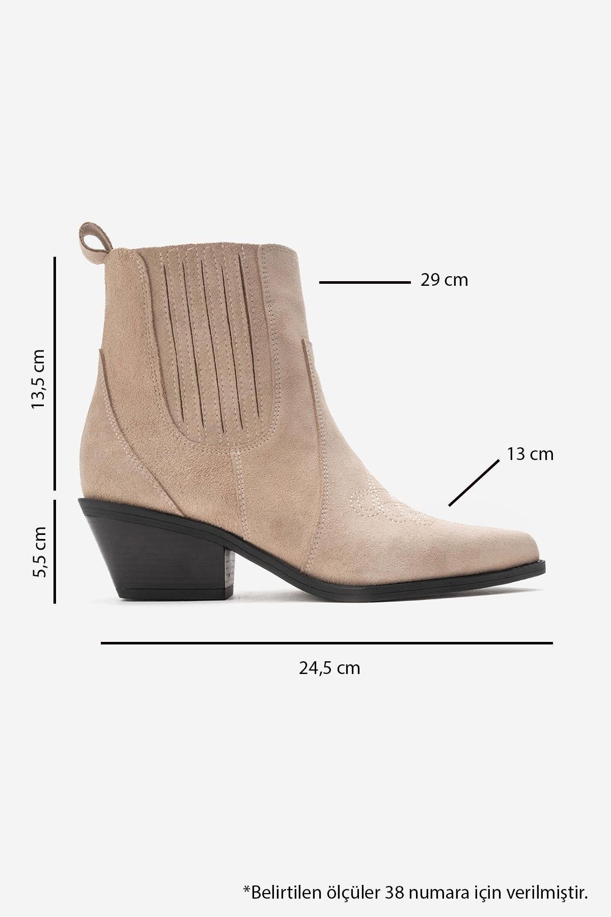 JULIETA - Beige Genuine Suede Leather Block Heel Western Boot – top view showing leather, suede, SimmiUnique
