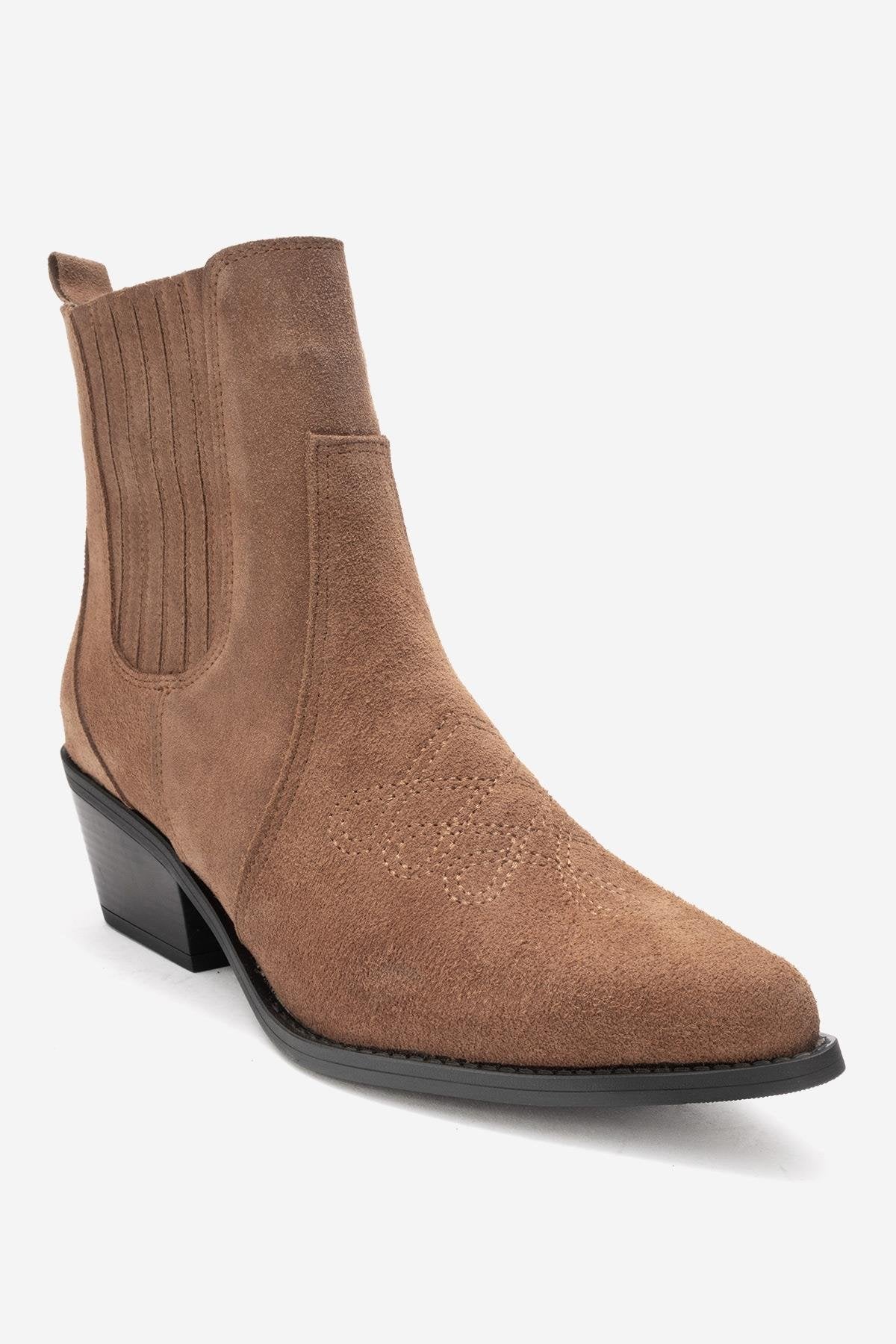 JULIETA - Taupe Genuine Suede Leather Block Heel Western Boot – detail view showing leather, suede, SimmiUnique