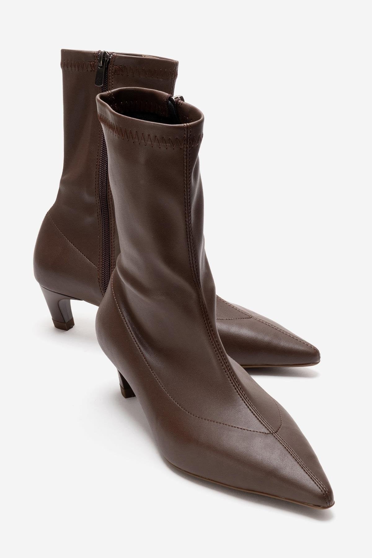 ALORA - Brown Kitten Heel Boot – front three-quarter view showing leather, SimmiUnique