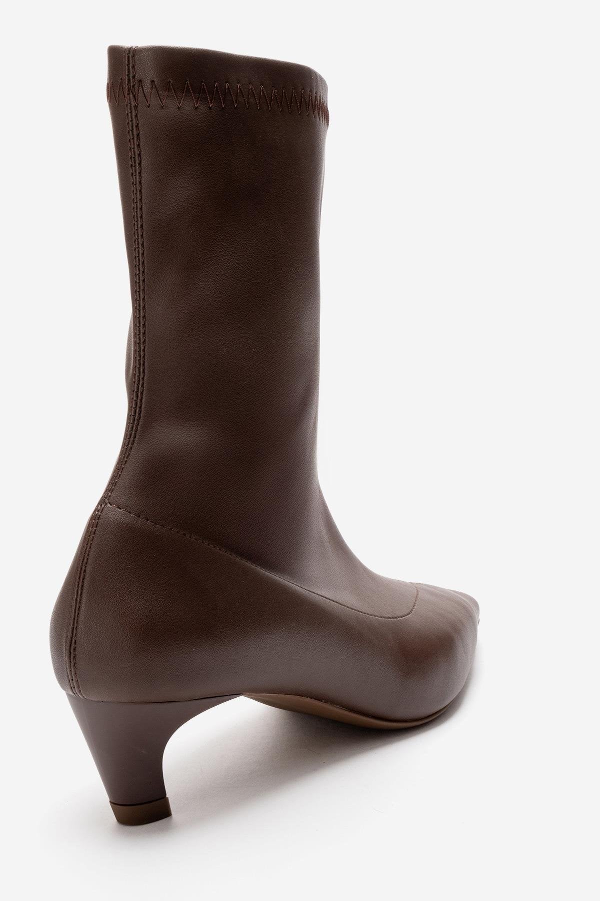 ALORA - Brown Kitten Heel Boot – back view showing leather, SimmiUnique