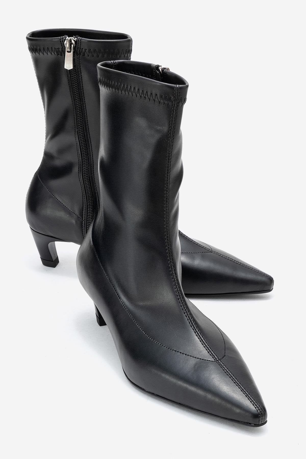 ALORA - Black Kitten Heel Boot – front three-quarter view showing leather, black, SimmiUnique