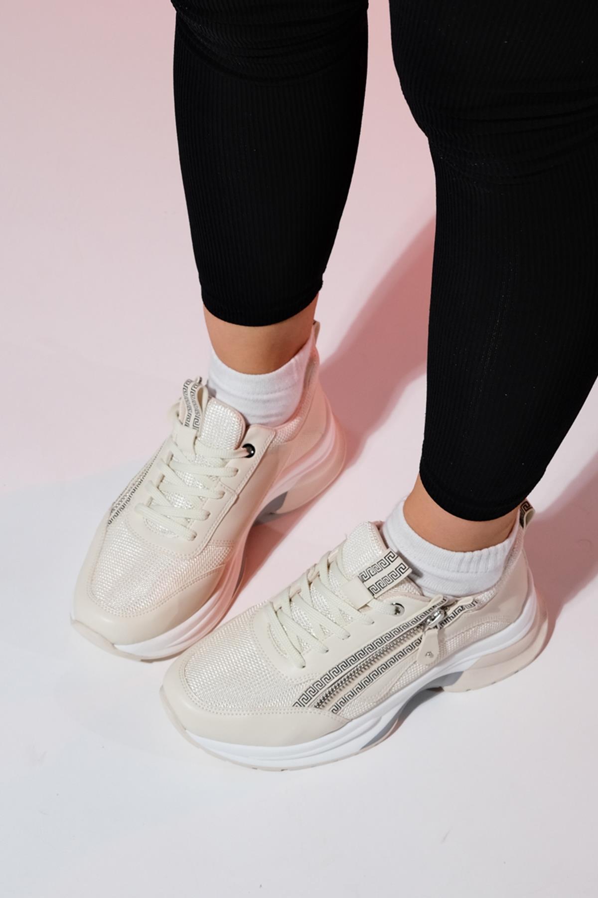 Oude - Ecru Zippered Platform Sneaker – side view showing leather, red, SimmiUnique