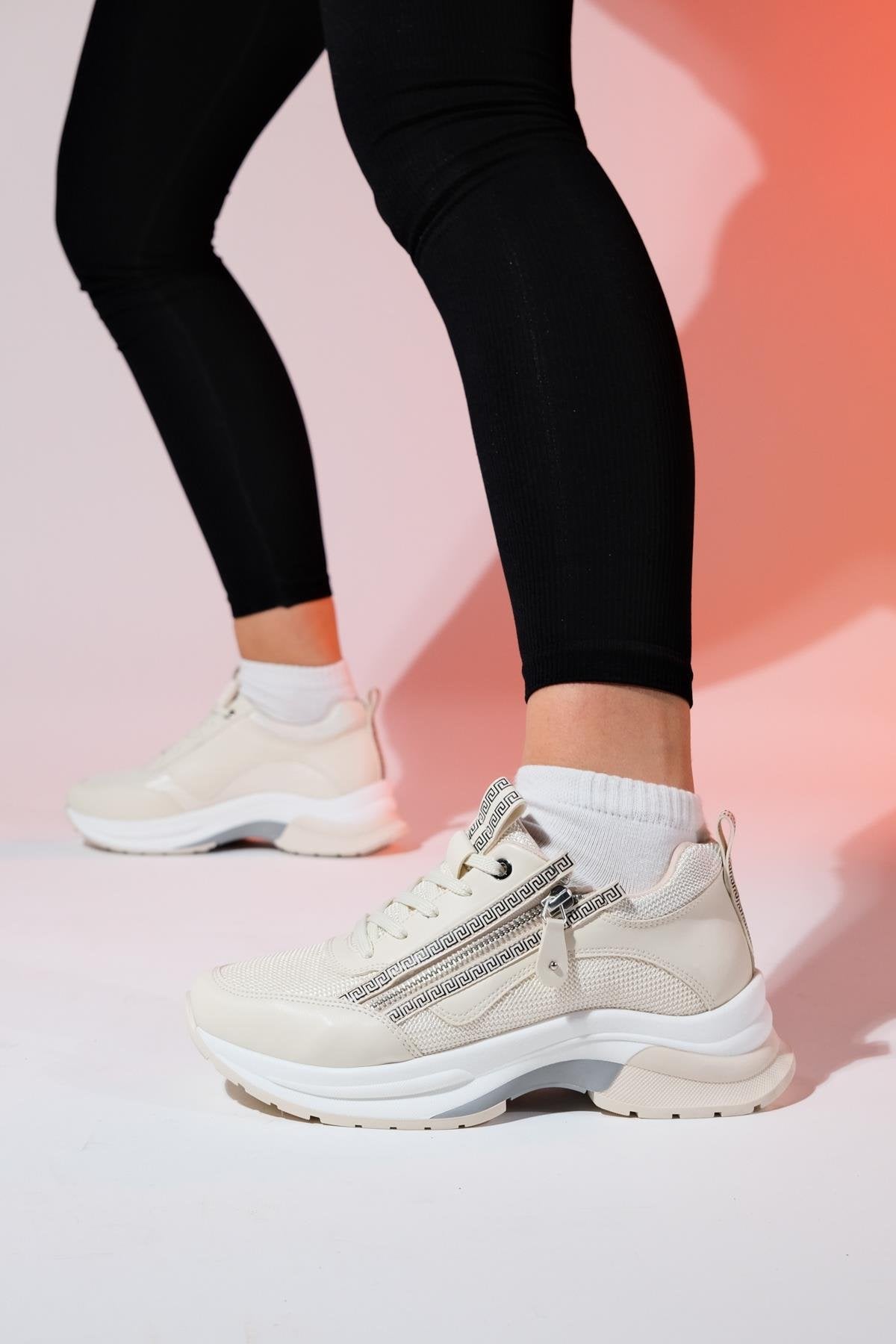 Oude - Ecru Zippered Platform Sneaker – back view showing leather, red, SimmiUnique