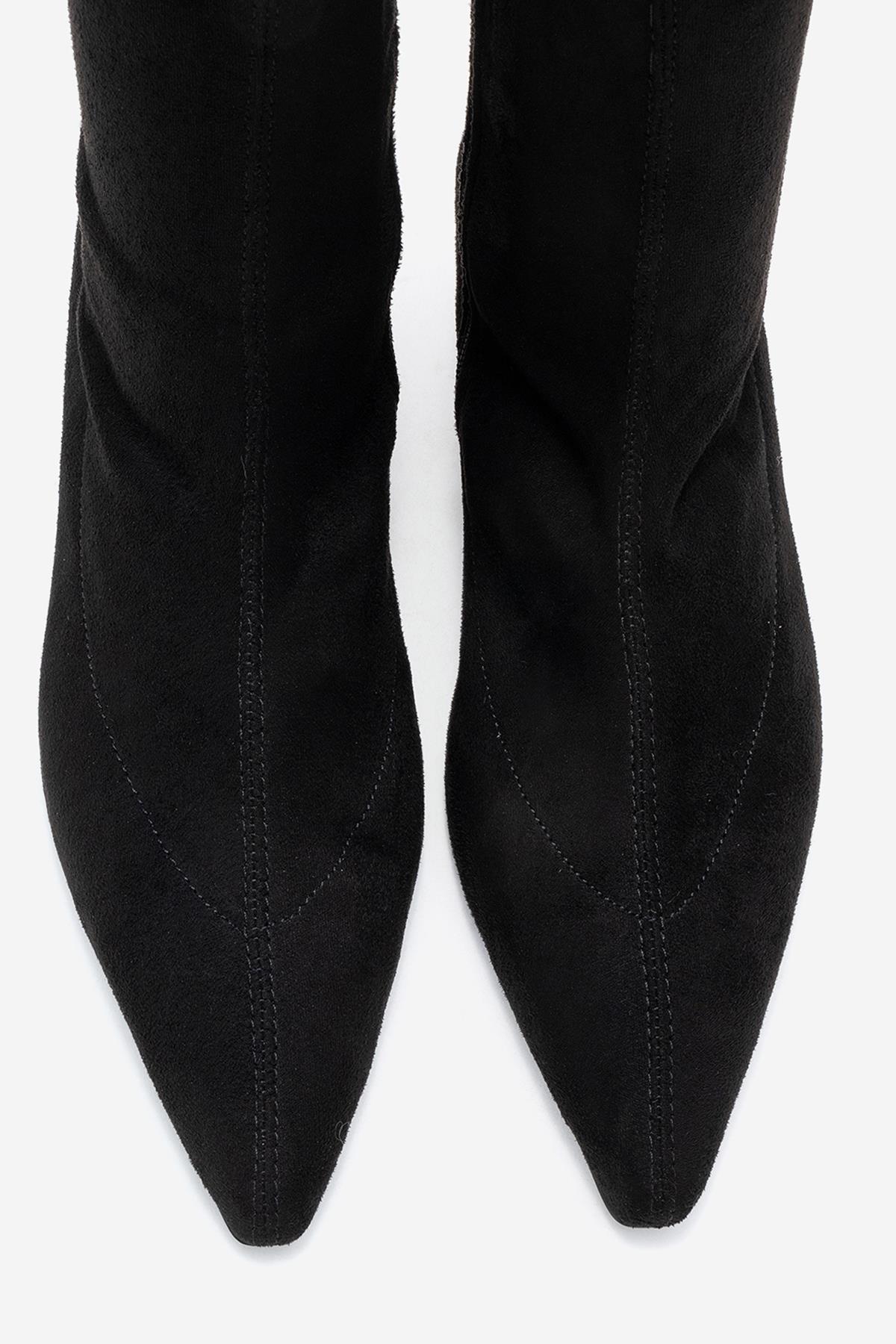 ALORA - Black Stretch Short Heel Boot – side view showing suede, black, SimmiUnique