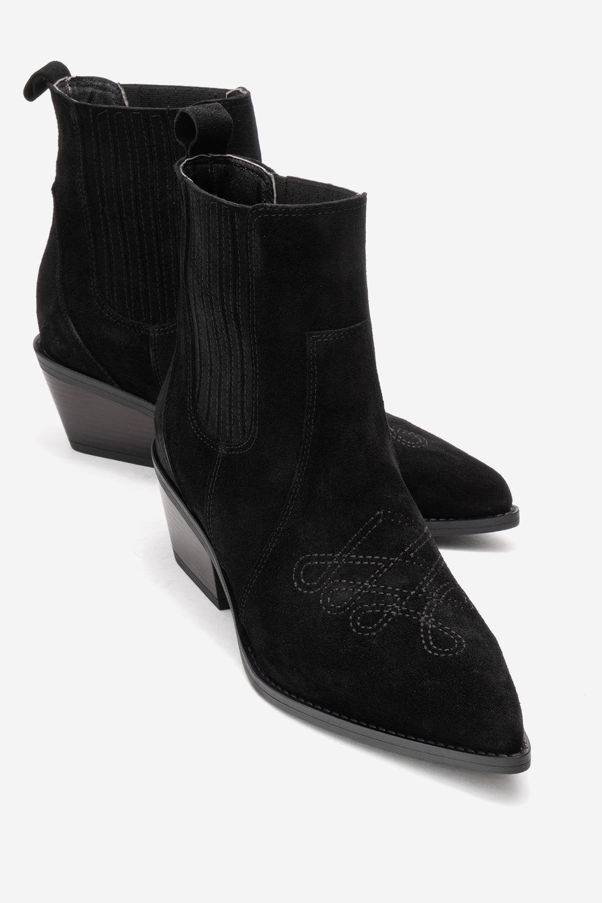 Julieta - Black Genuine Leather Western Boot – front three-quarter view showing leather, suede, black, SimmiUnique