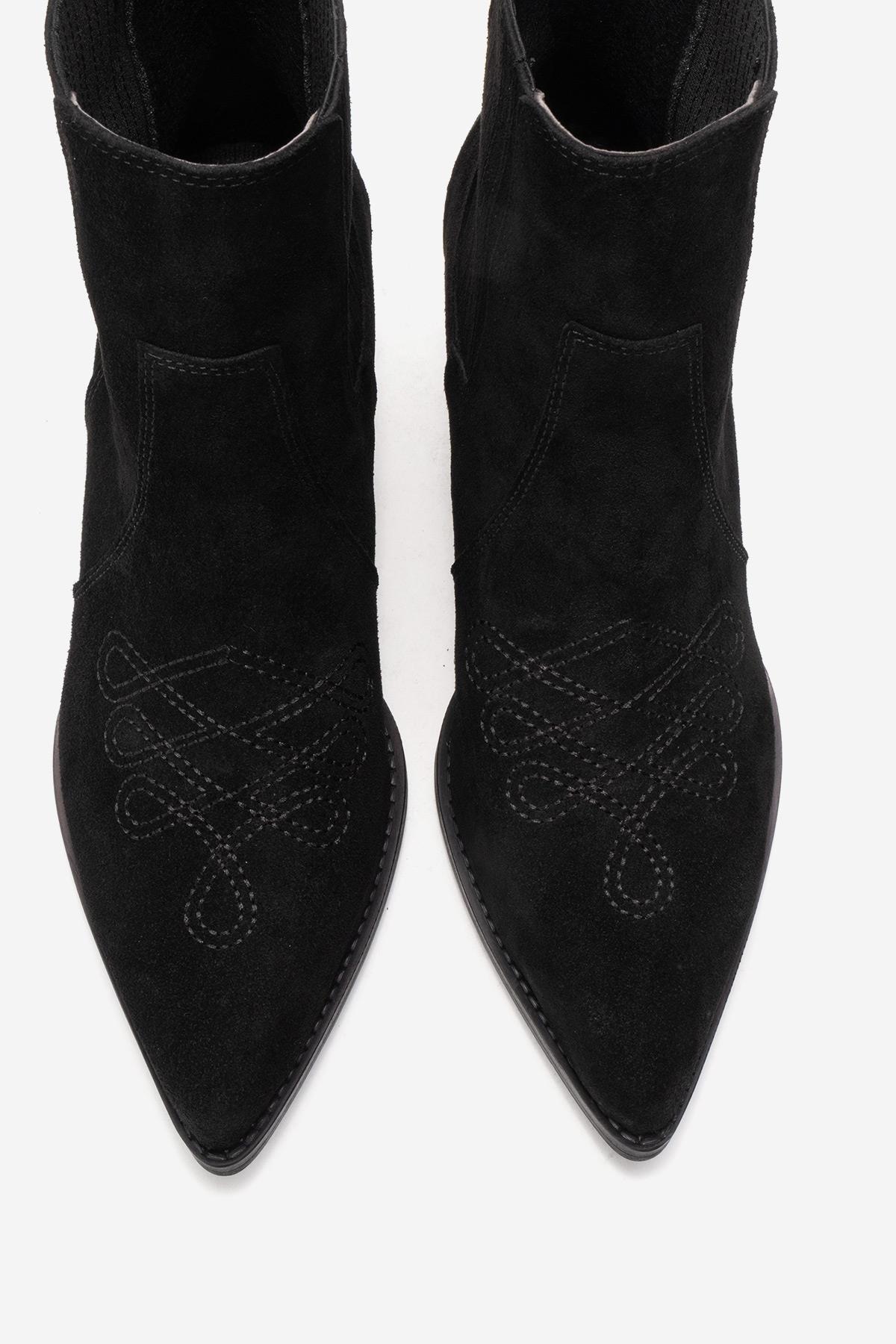 Julieta - Black Genuine Leather Western Boot – side view showing leather, suede, black, SimmiUnique