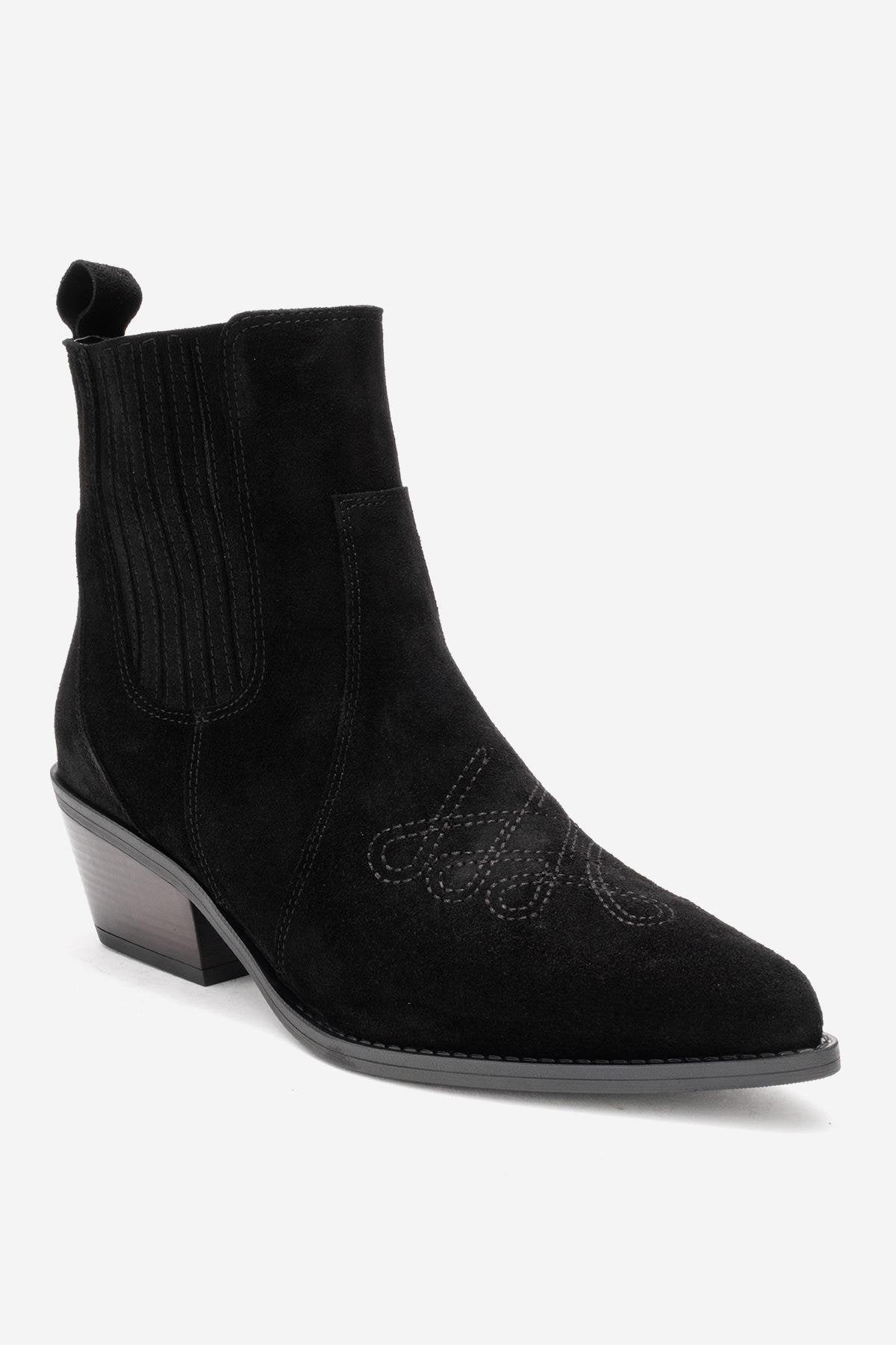 Julieta - Black Genuine Leather Western Boot – detail view showing leather, suede, black, SimmiUnique