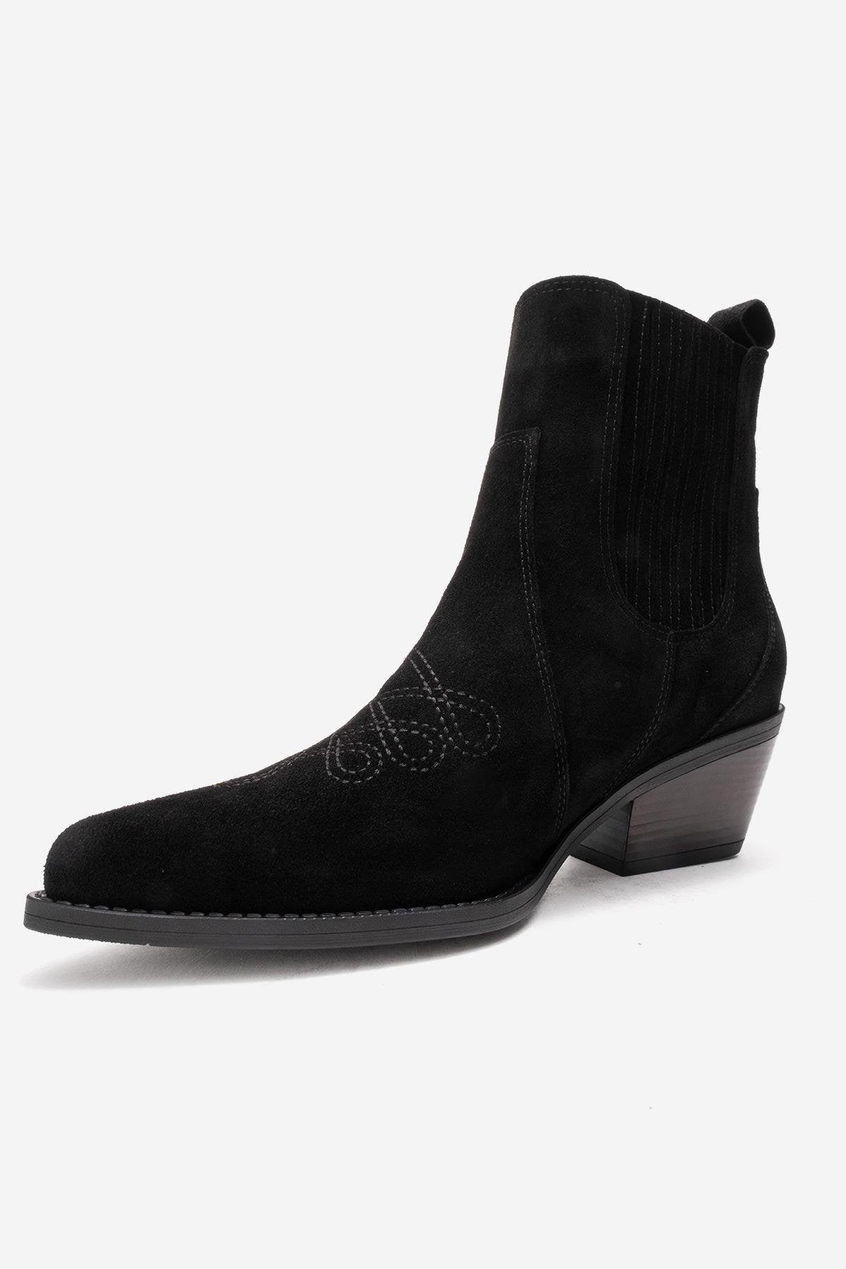 Julieta - Black Genuine Leather Western Boot – heel view showing leather, suede, black, SimmiUnique