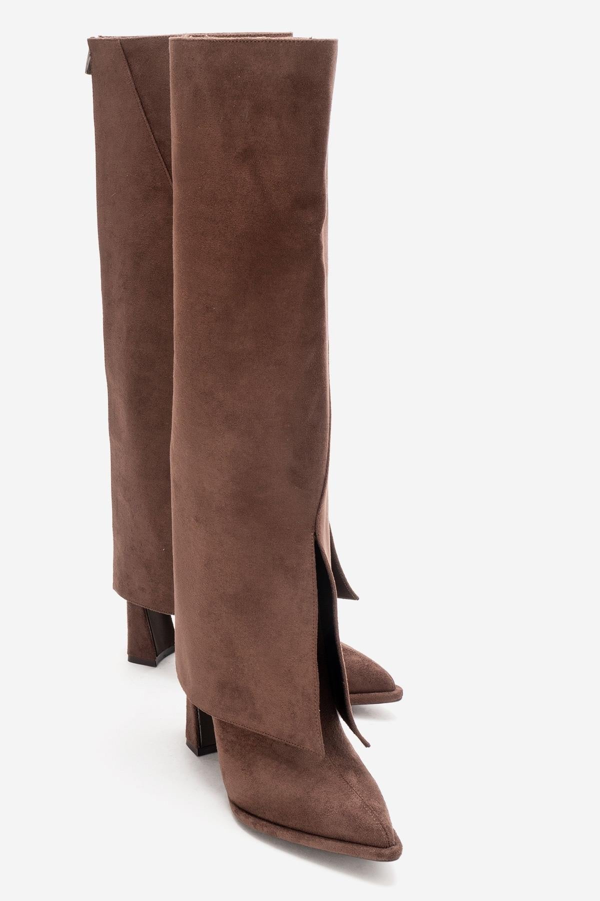 AJA - Brown Suede Block Heel Boot – front three-quarter view showing suede, SimmiUnique