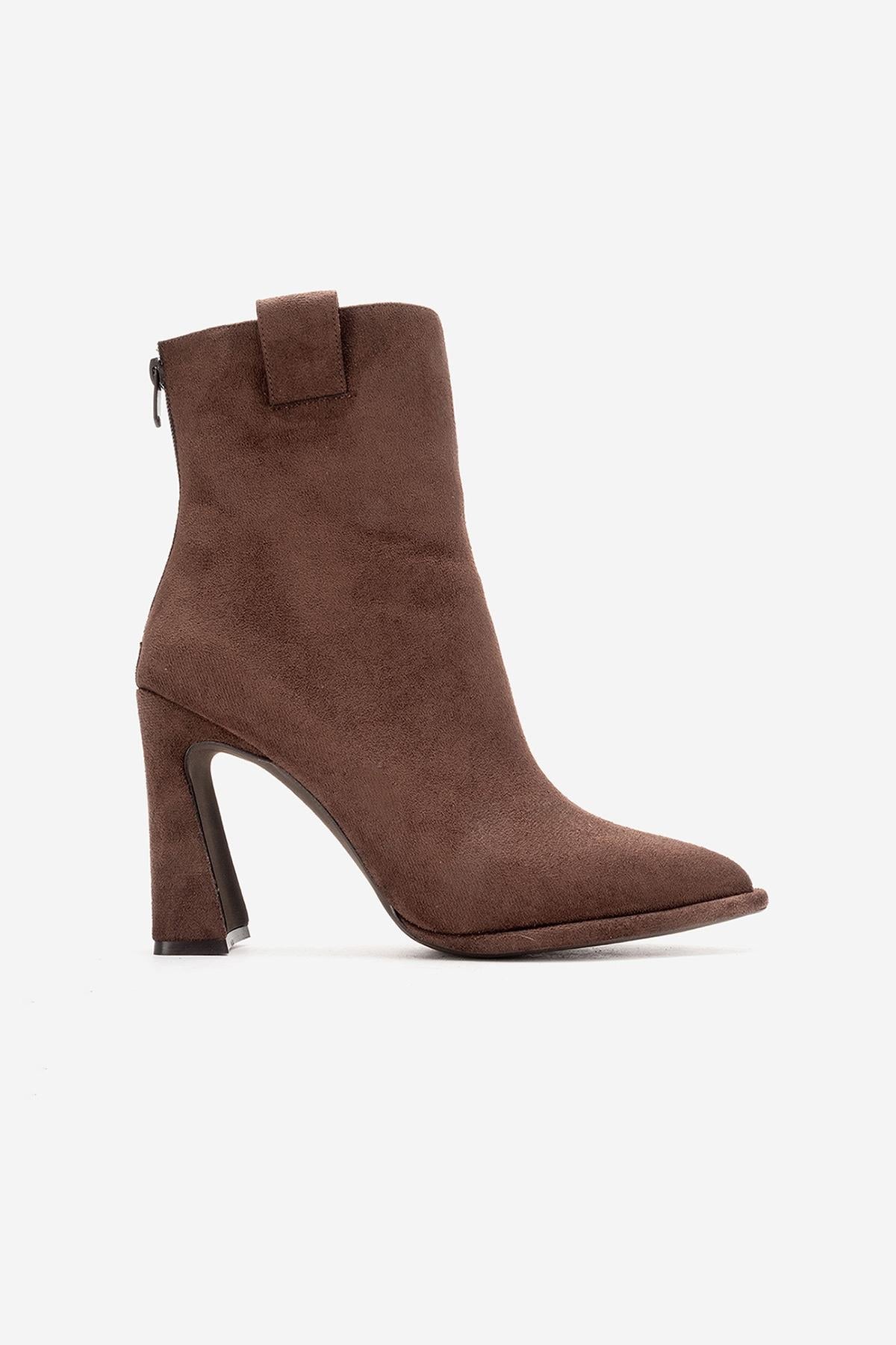 AJA - Brown Suede Block Heel Boot – back view showing suede, SimmiUnique