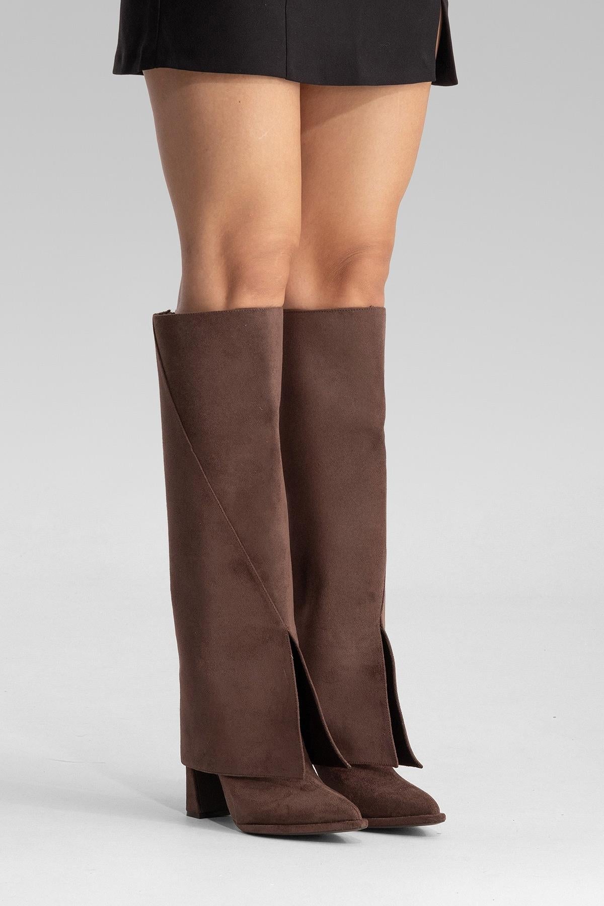 AJA - Brown Suede Block Heel Boot – top view showing suede, SimmiUnique