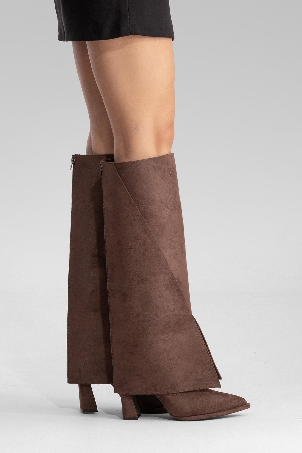 AJA - Brown Suede Block Heel Boot – sole view showing suede, SimmiUnique