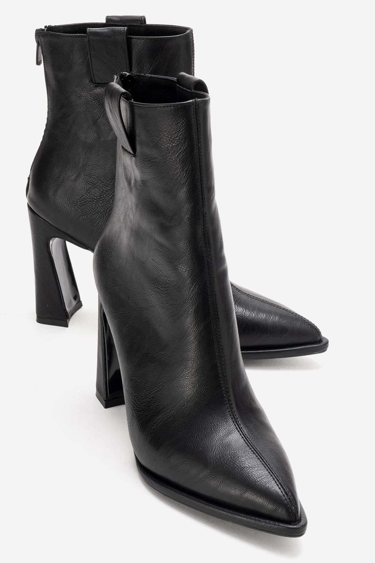 AJA - Black Block Heel Boot – heel view showing leather, black, red, SimmiUnique