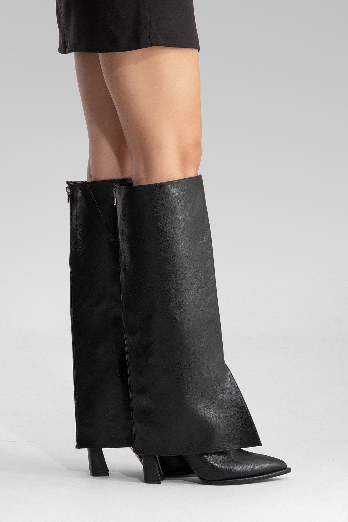 AJA - Black Block Heel Boot – sole view showing leather, black, red, SimmiUnique