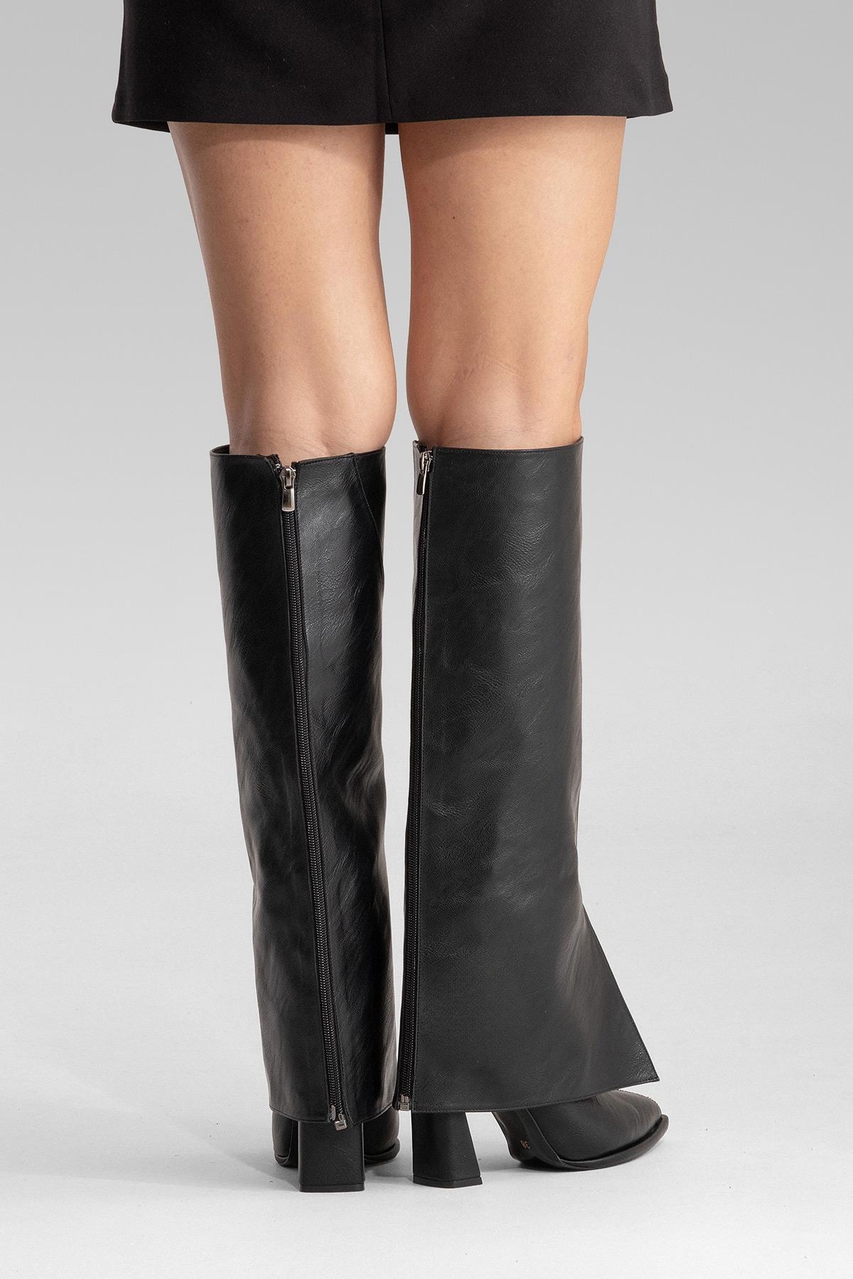 AJA - Black Block Heel Boot – pair view showing leather, black, red, SimmiUnique