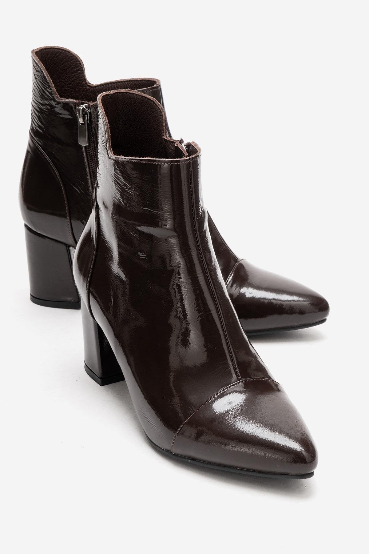 GAEL - Brown Crinkled Patent Genuine Leather Block Heel Boot – front three-quarter view showing leather, red, SimmiUnique
