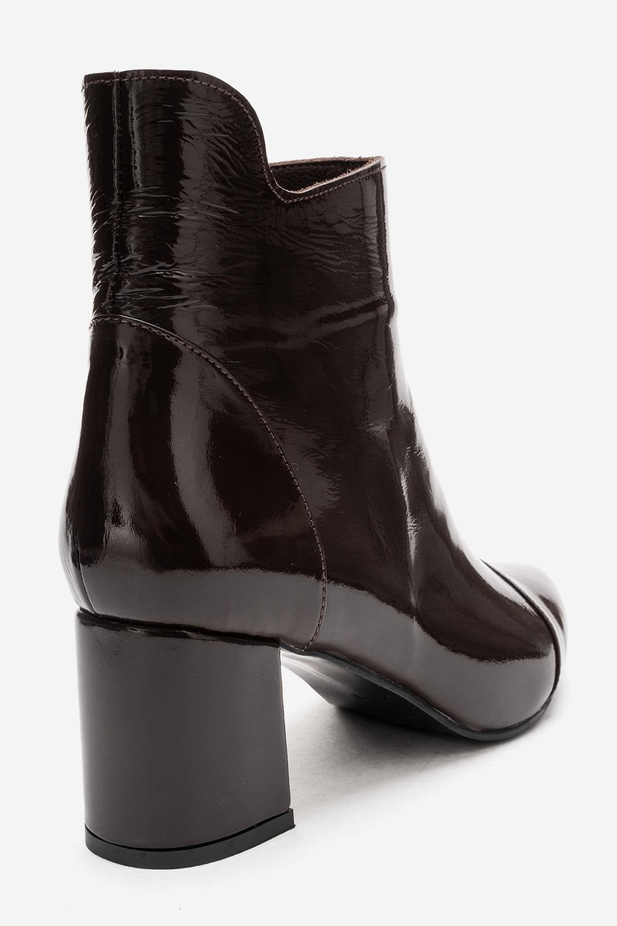 GAEL - Brown Crinkled Patent Genuine Leather Block Heel Boot – heel view showing leather, red, SimmiUnique