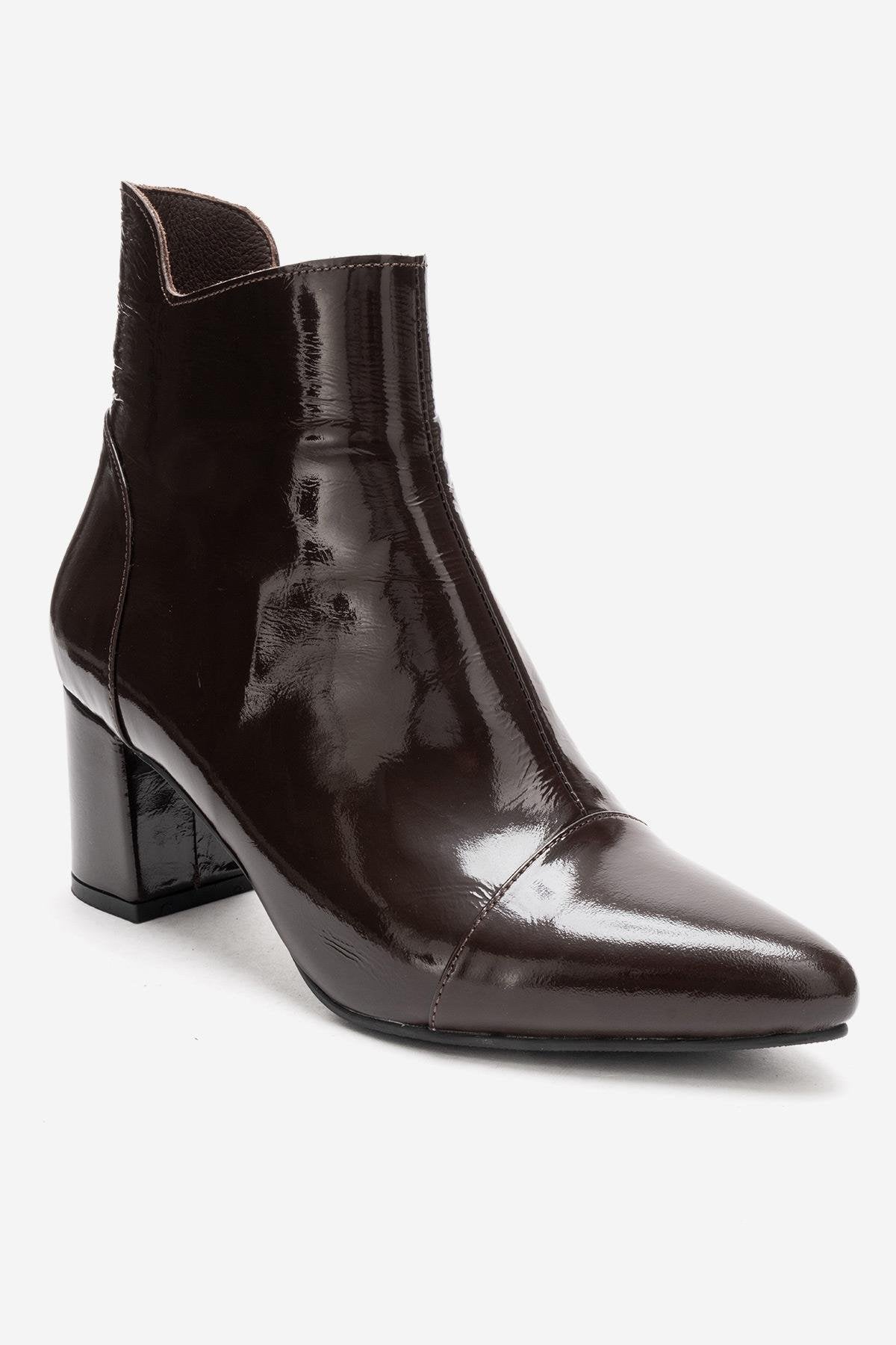 GAEL - Brown Crinkled Patent Genuine Leather Block Heel Boot – back view showing leather, red, SimmiUnique