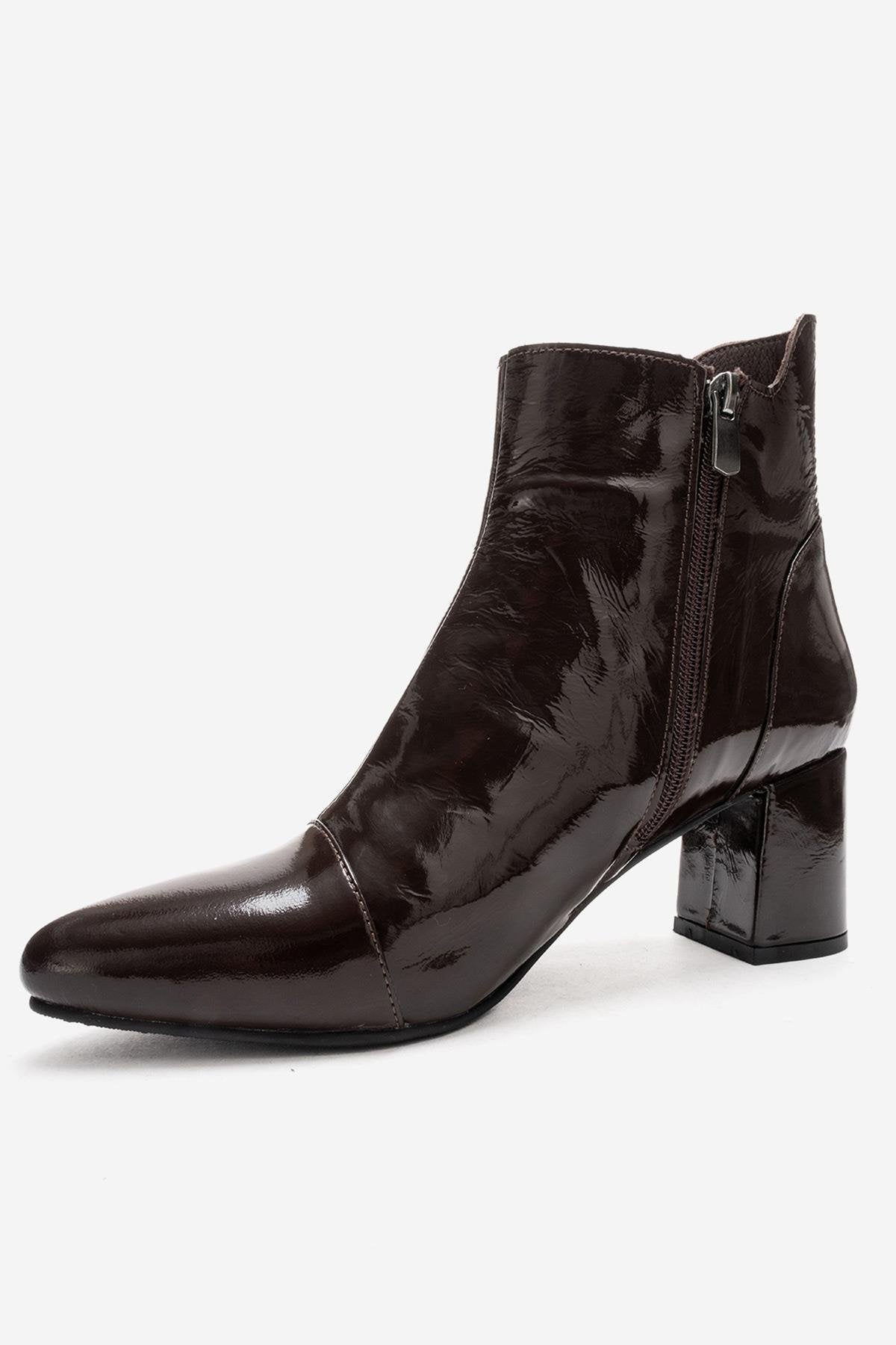 GAEL - Brown Crinkled Patent Genuine Leather Block Heel Boot – top view showing leather, red, SimmiUnique