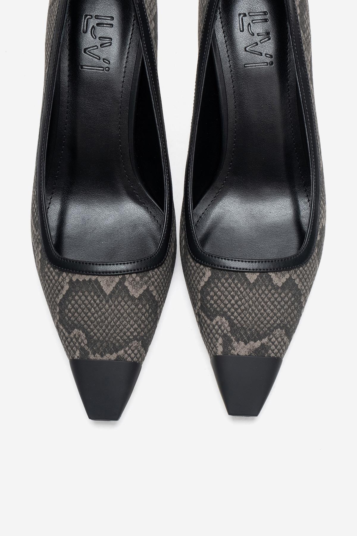 RONA - Gray Patterned Pointed Toe Stiletto Pump – side view showing leather, SimmiUnique