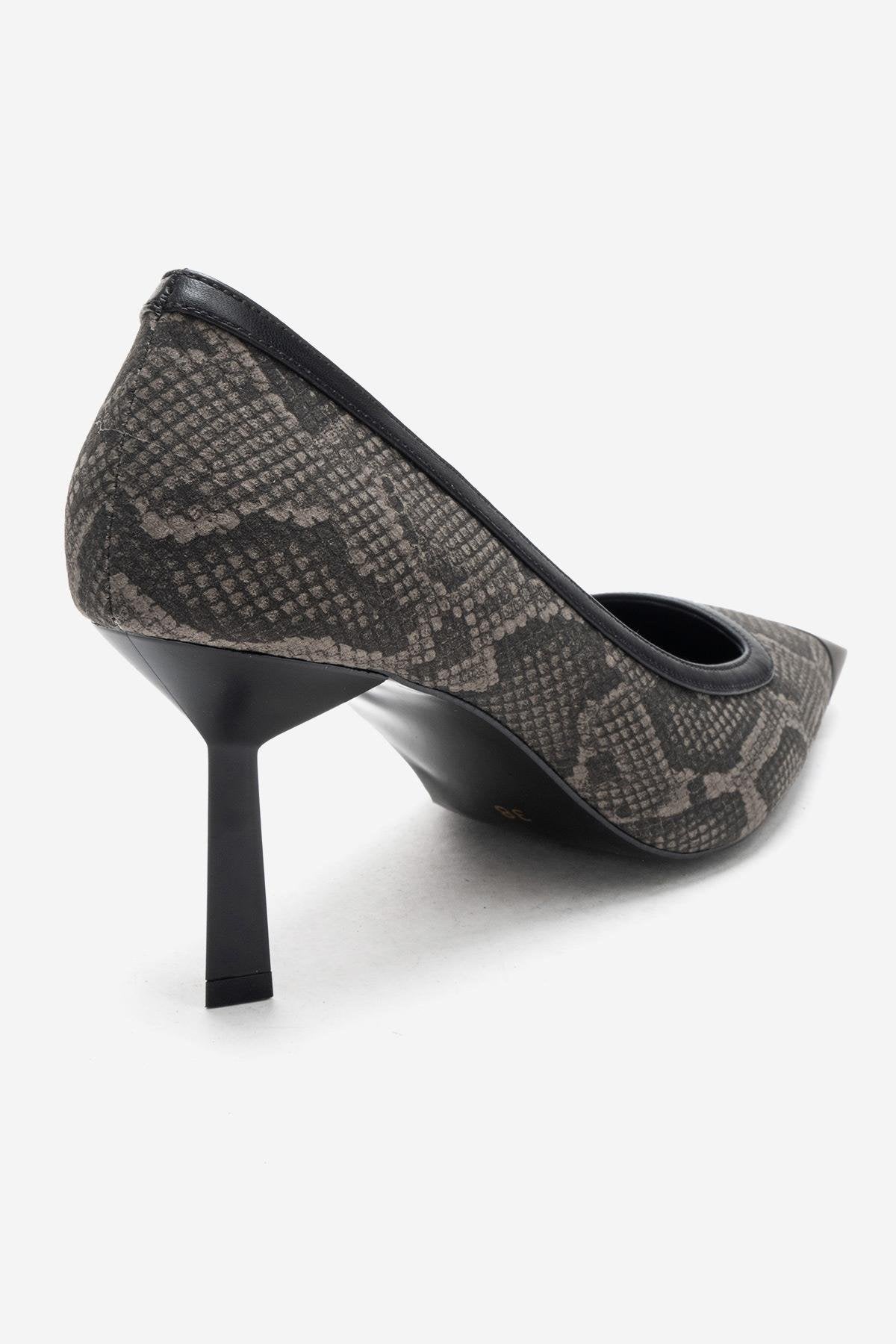 RONA - Gray Patterned Pointed Toe Stiletto Pump – back view showing leather, SimmiUnique