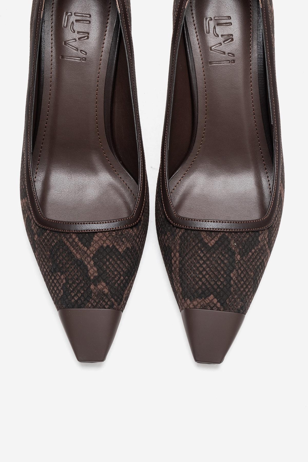 RONA - Brown Patterned Pointed Toe Stiletto Pump – side view showing leather, red, SimmiUnique