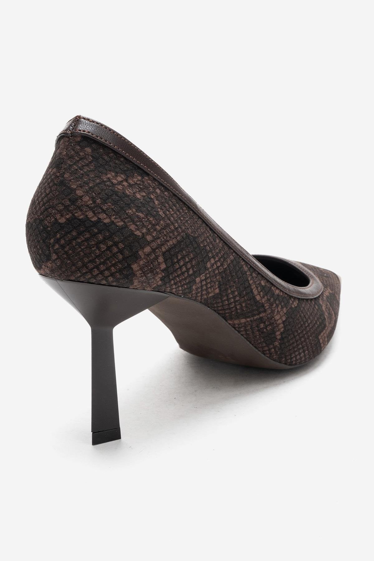 RONA - Brown Patterned Pointed Toe Stiletto Pump – back view showing leather, red, SimmiUnique