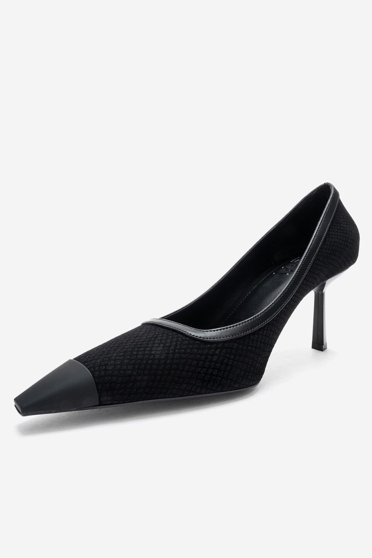 RONA - Black Patterned Pointed Stiletto Pump – heel view showing leather, black, SimmiUnique
