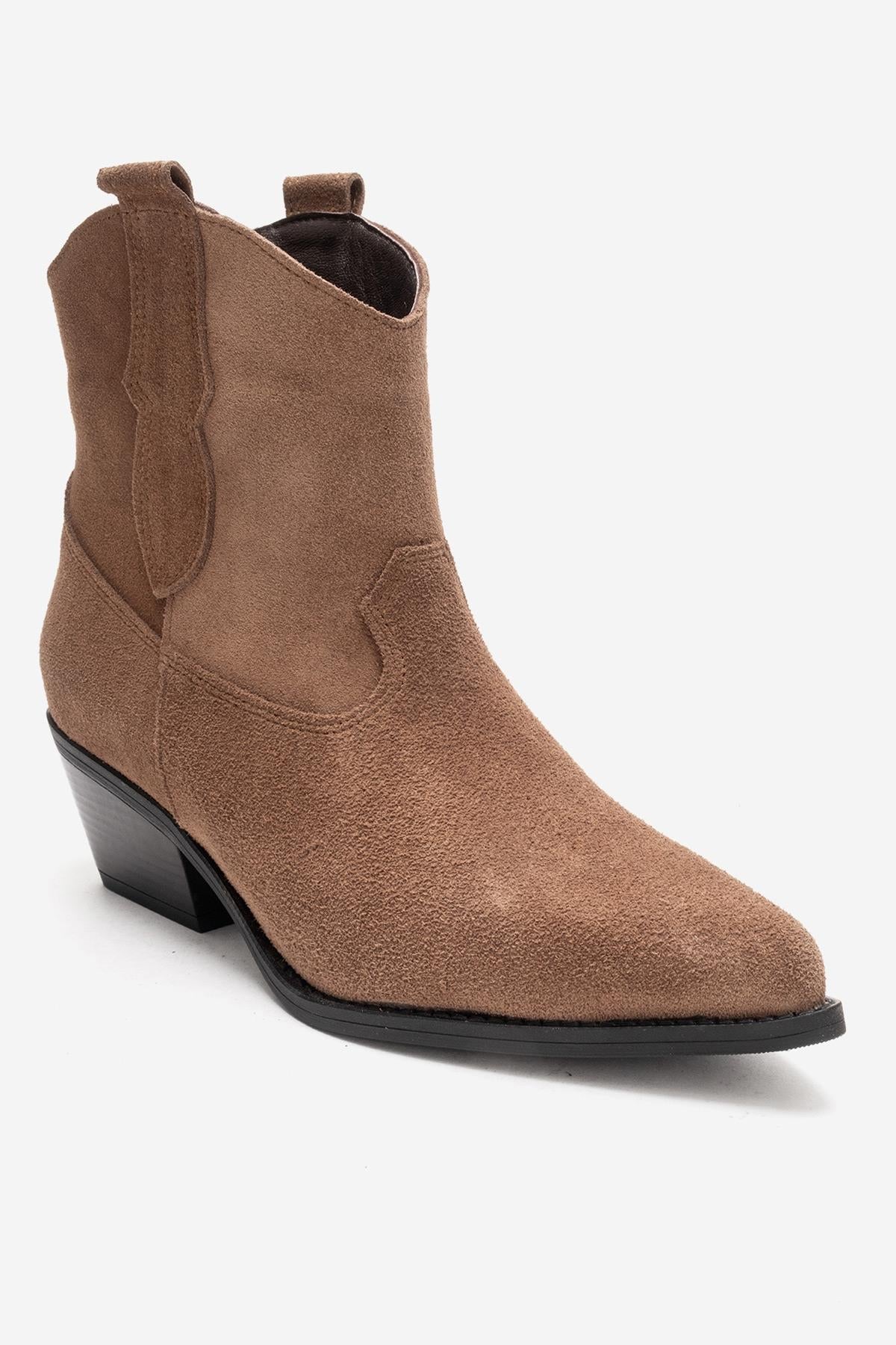 ELIA - Camel Genuine Leather Block Heel Western Boot – back view showing leather, suede, SimmiUnique