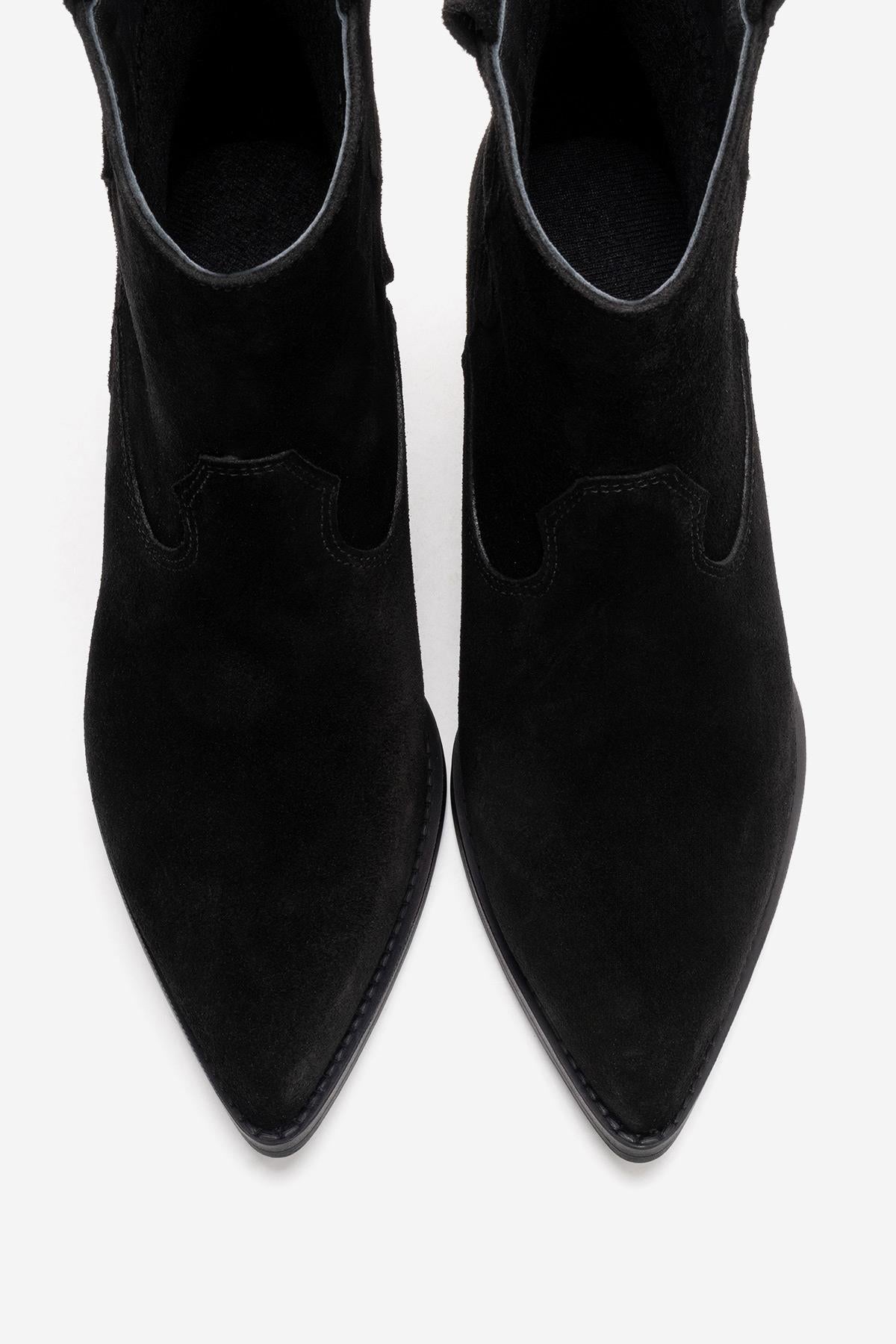 ELIA - Black Genuine Leather Block Heel Western Boot – side view showing leather, suede, black, SimmiUnique