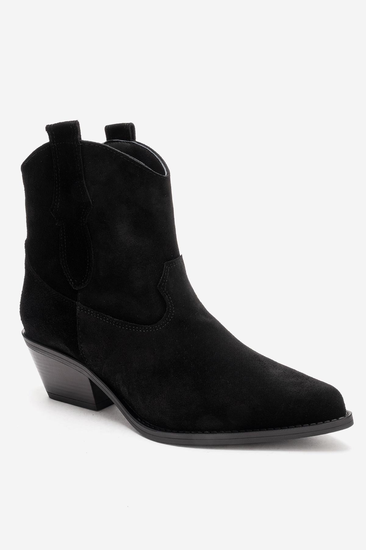 ELIA - Black Genuine Leather Block Heel Western Boot – back view showing leather, suede, black, SimmiUnique