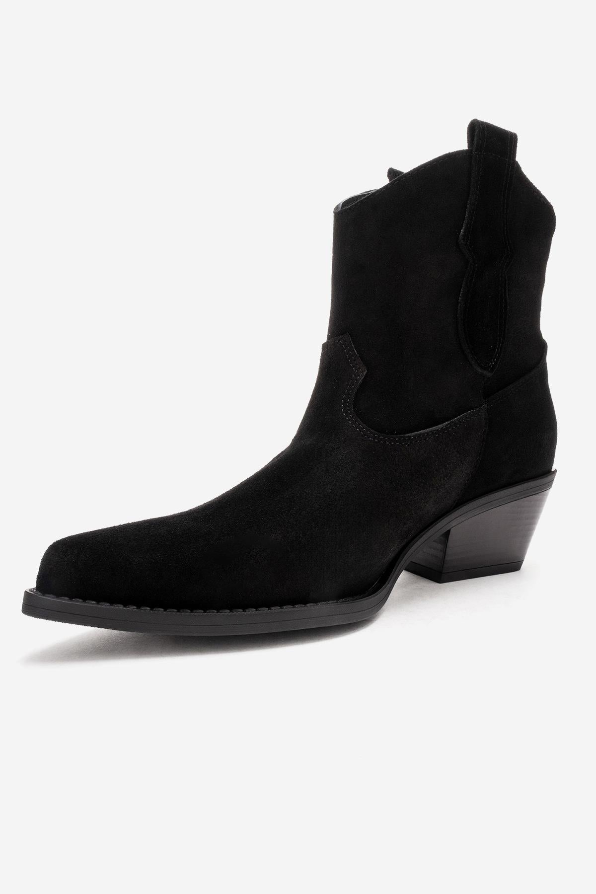 ELIA - Black Genuine Leather Block Heel Western Boot – top view showing leather, suede, black, SimmiUnique