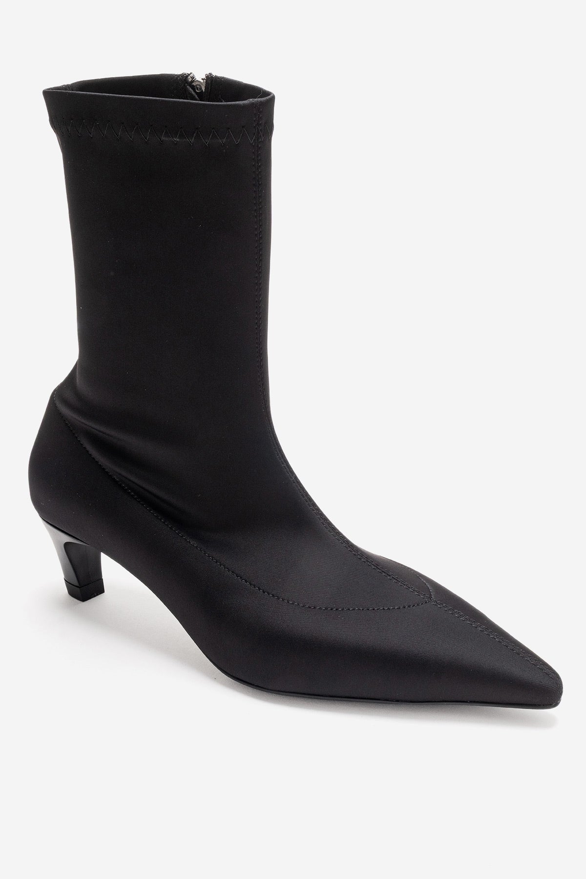 ALORA - Black Scuba Ankle Boot – heel view showing black, SimmiUnique
