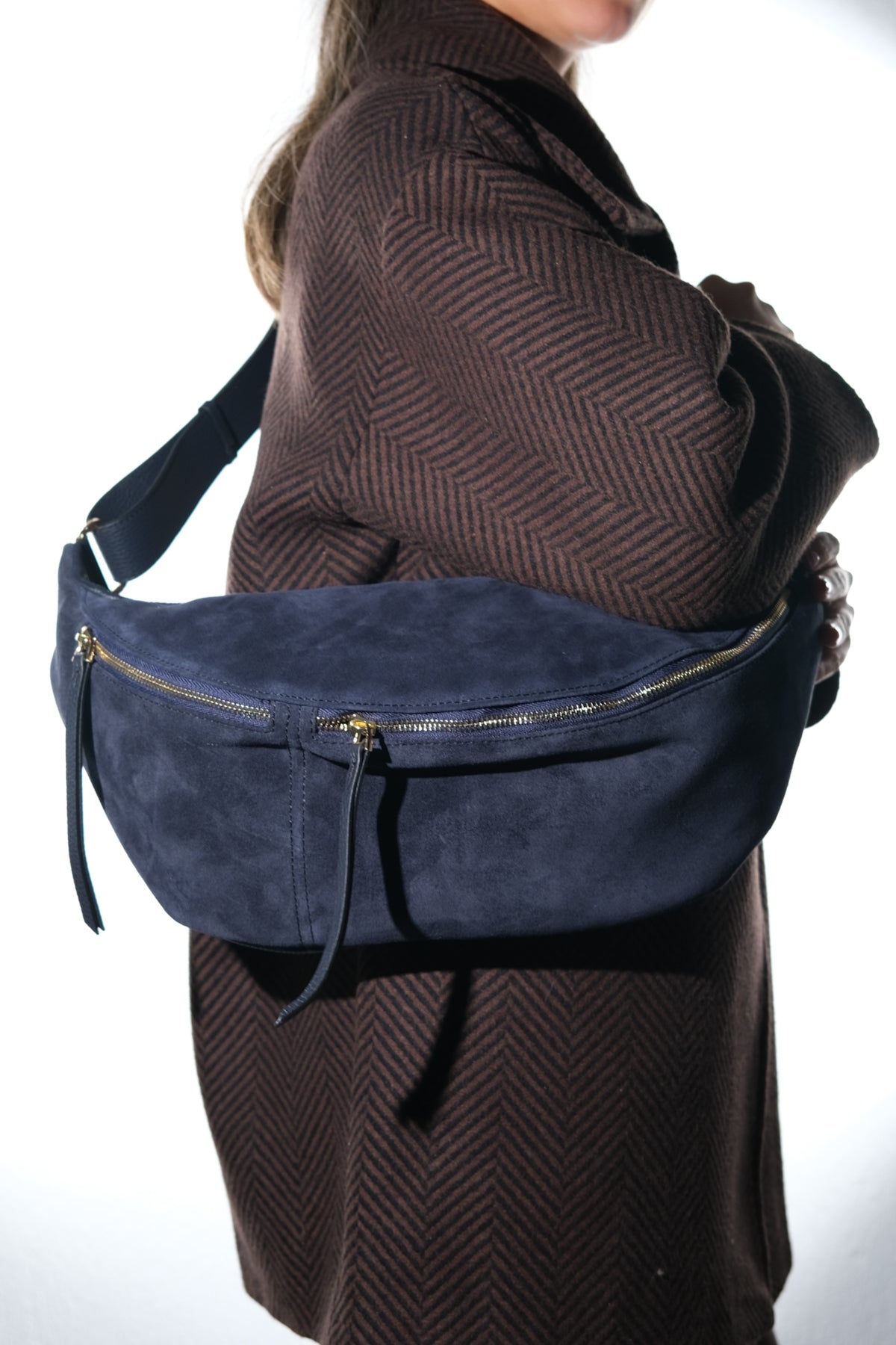 SOLA - Navy Genuine Leather Body Bag – side view showing leather, suede, red, SimmiUnique