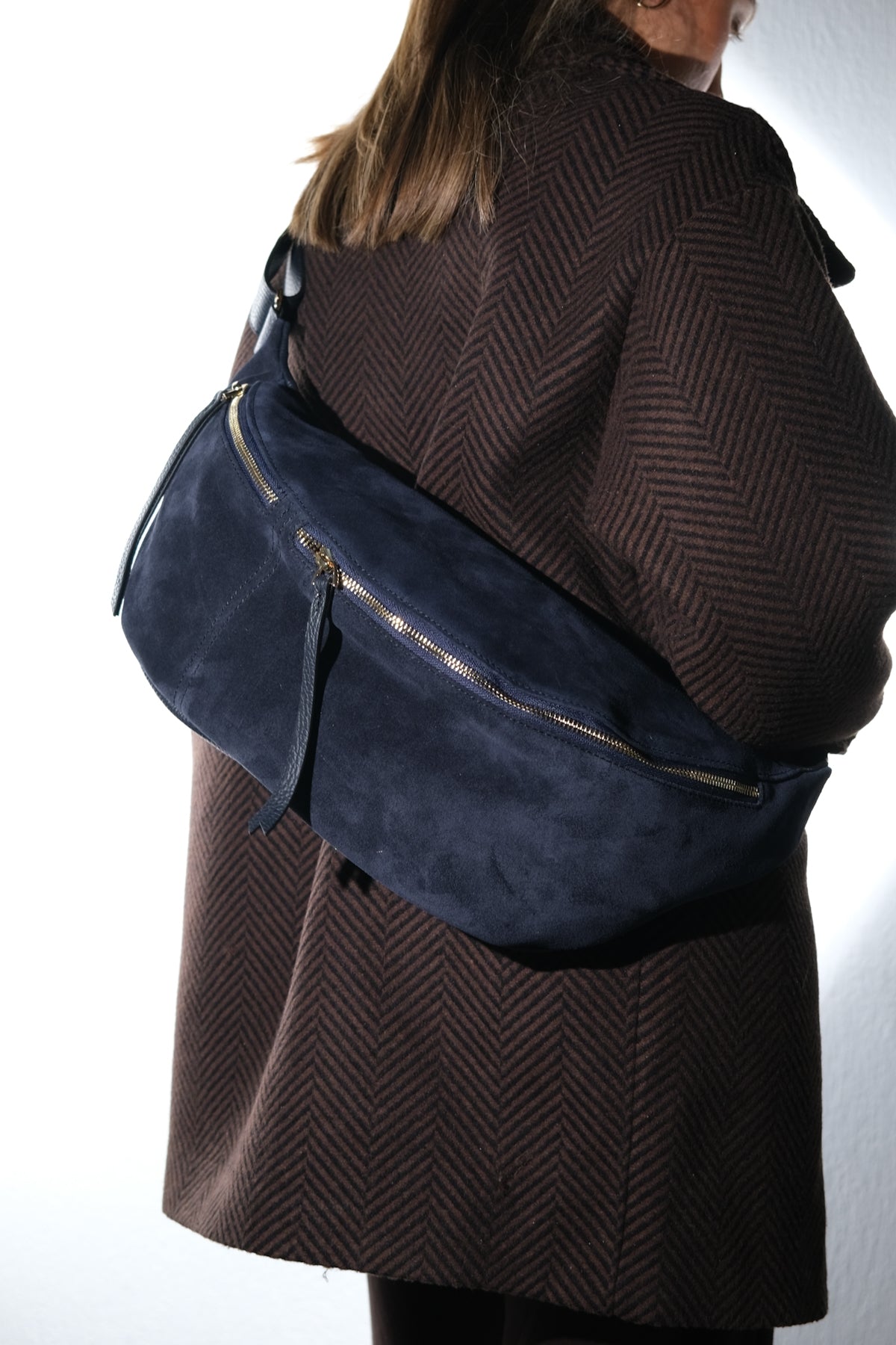 SOLA - Navy Genuine Leather Body Bag – back view showing leather, suede, red, SimmiUnique