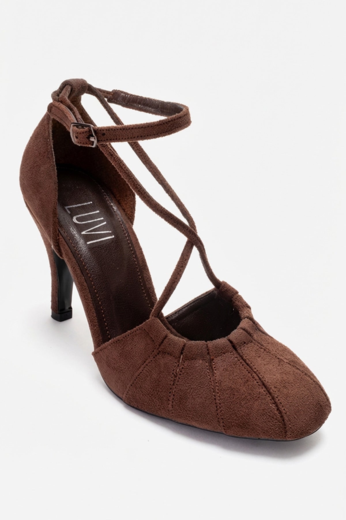 ELIZA - Brown Suede Stiletto Pump – detail view showing leather, suede, SimmiUnique