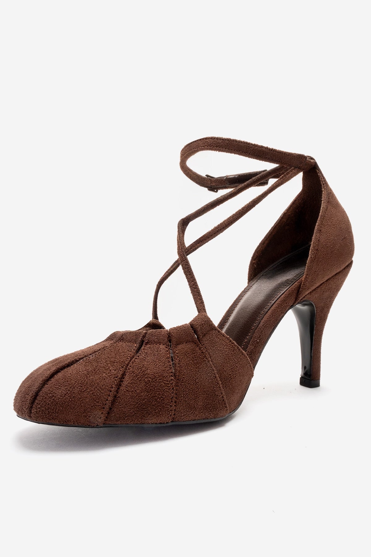 ELIZA - Brown Suede Stiletto Pump – heel view showing leather, suede, SimmiUnique