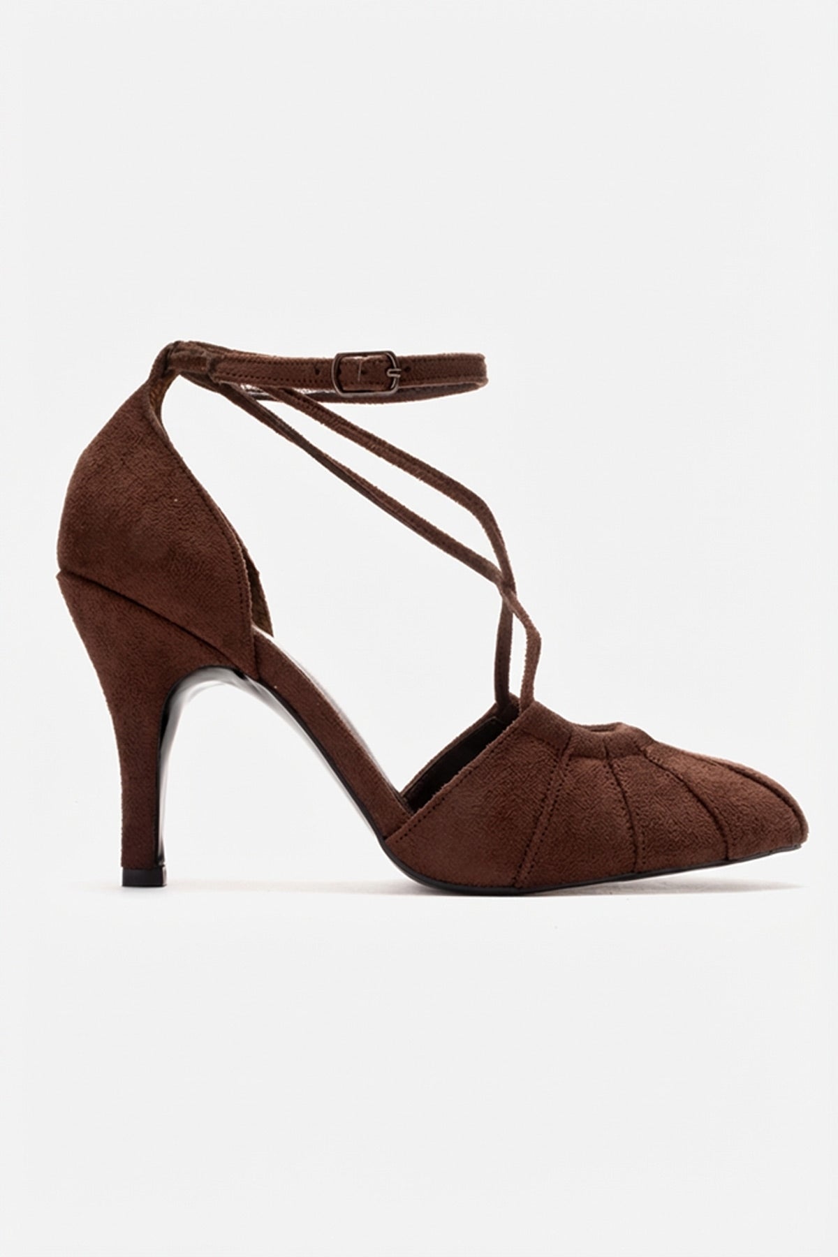 ELIZA - Brown Suede Stiletto Pump – top view showing leather, suede, SimmiUnique