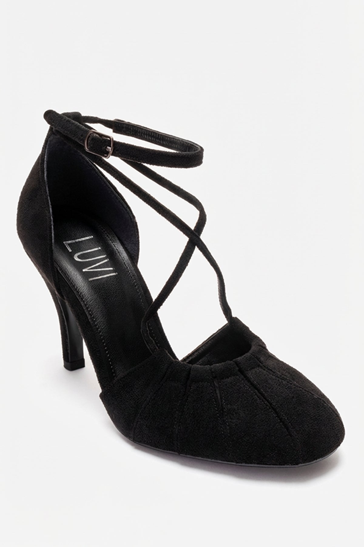 ELIZA - Black Suede Stiletto Pump – detail view showing leather, suede, black, SimmiUnique