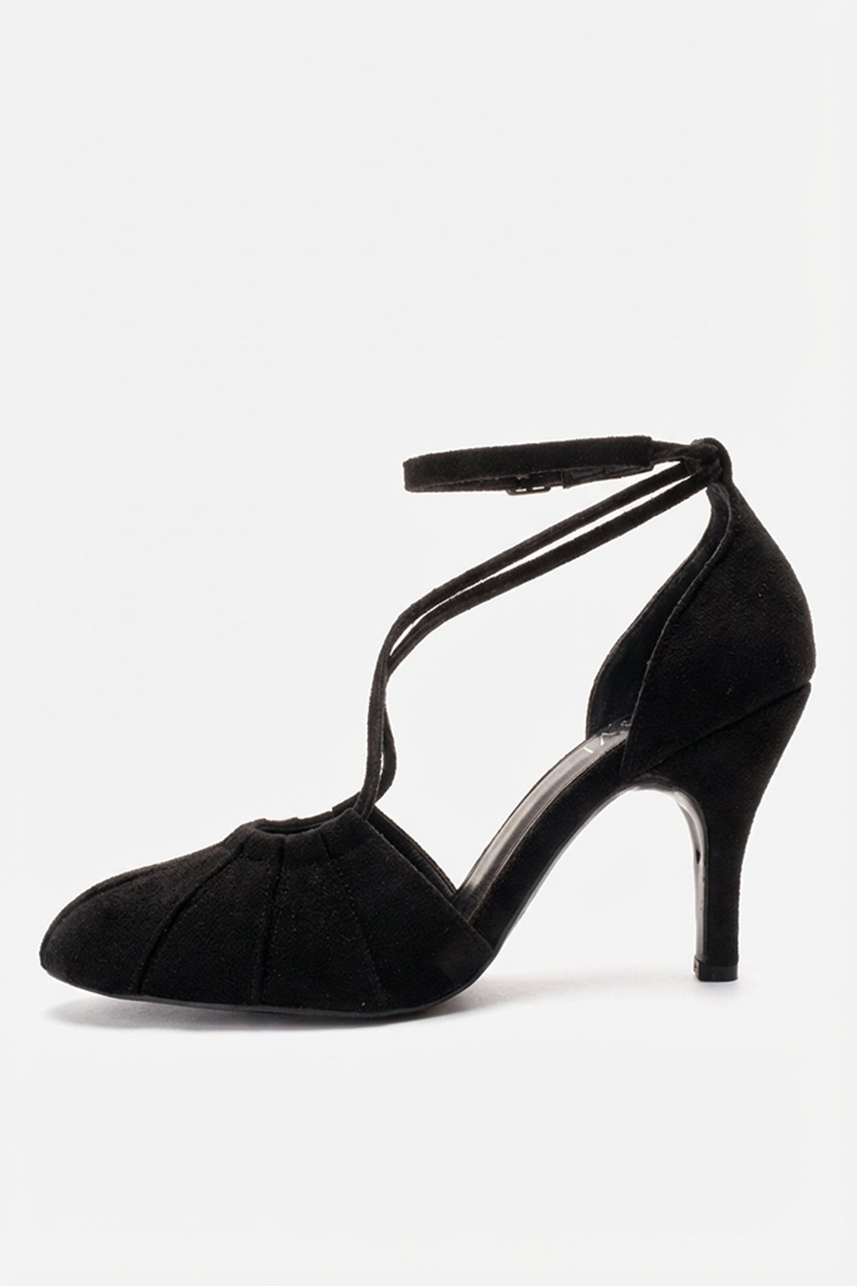 ELIZA - Black Suede Stiletto Pump – heel view showing leather, suede, black, SimmiUnique