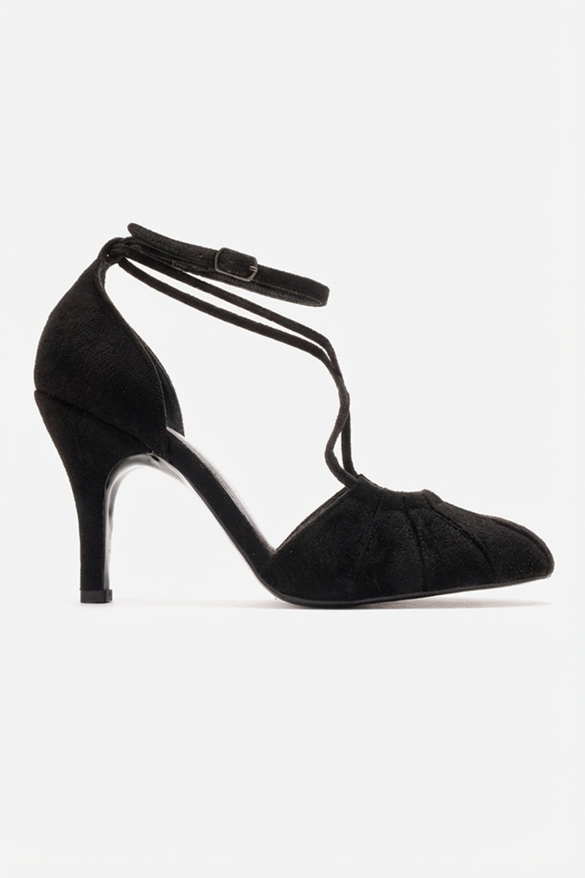ELIZA - Black Suede Stiletto Pump – top view showing leather, suede, black, SimmiUnique