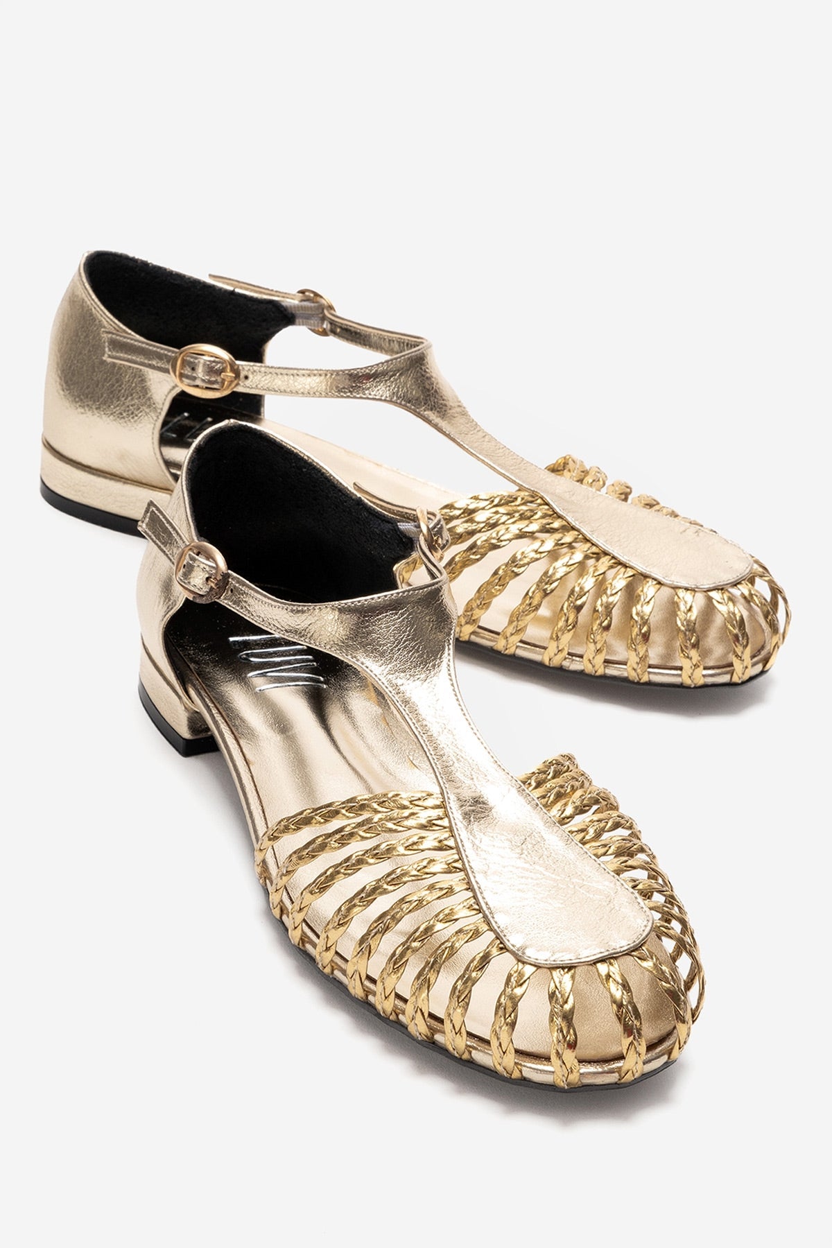 ONOS - Gold Woven Detail Sandal – front three-quarter view showing leather, metallic, gold, SimmiUnique